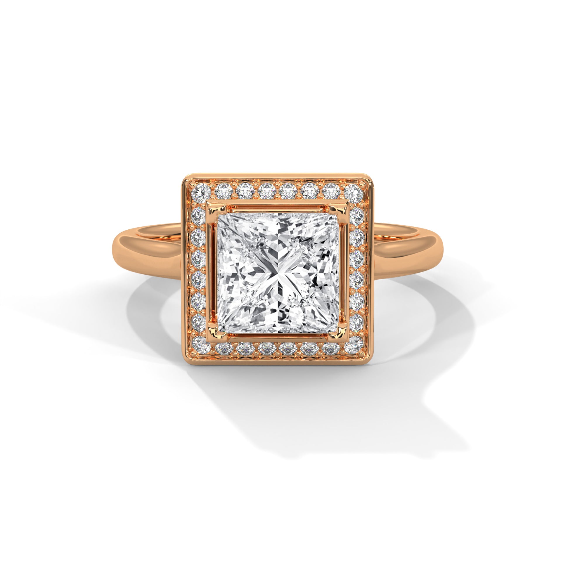 1–3 Carat Princess Lab Grown Diamond Halo Engagement Ring – Four Prong Setting with Plain Band in 18K Gold