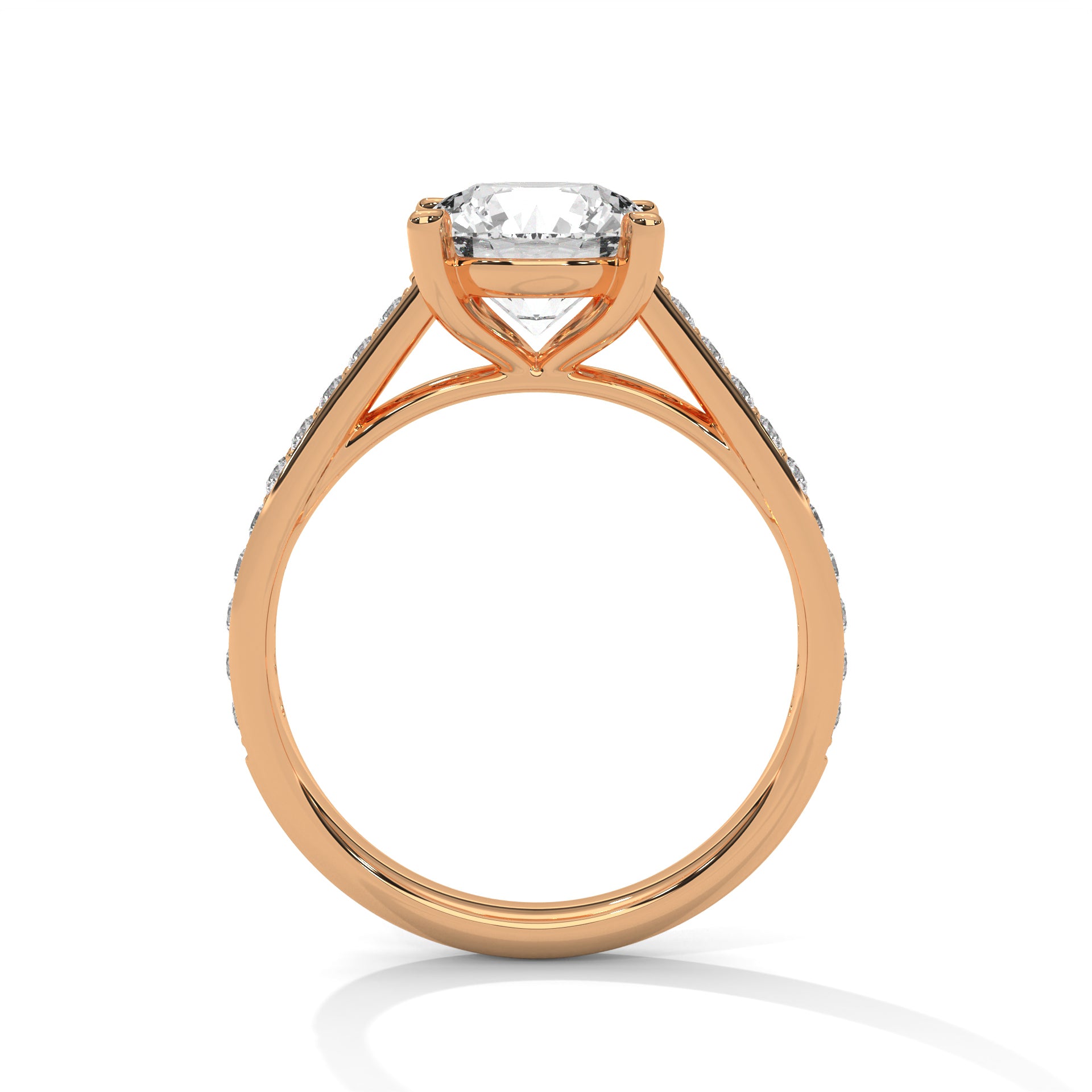 1–3 Carat Round Lab Grown Diamond Solitaire Ring with Pavé Band – Cathedral Four-Prong Setting, 18K Gold