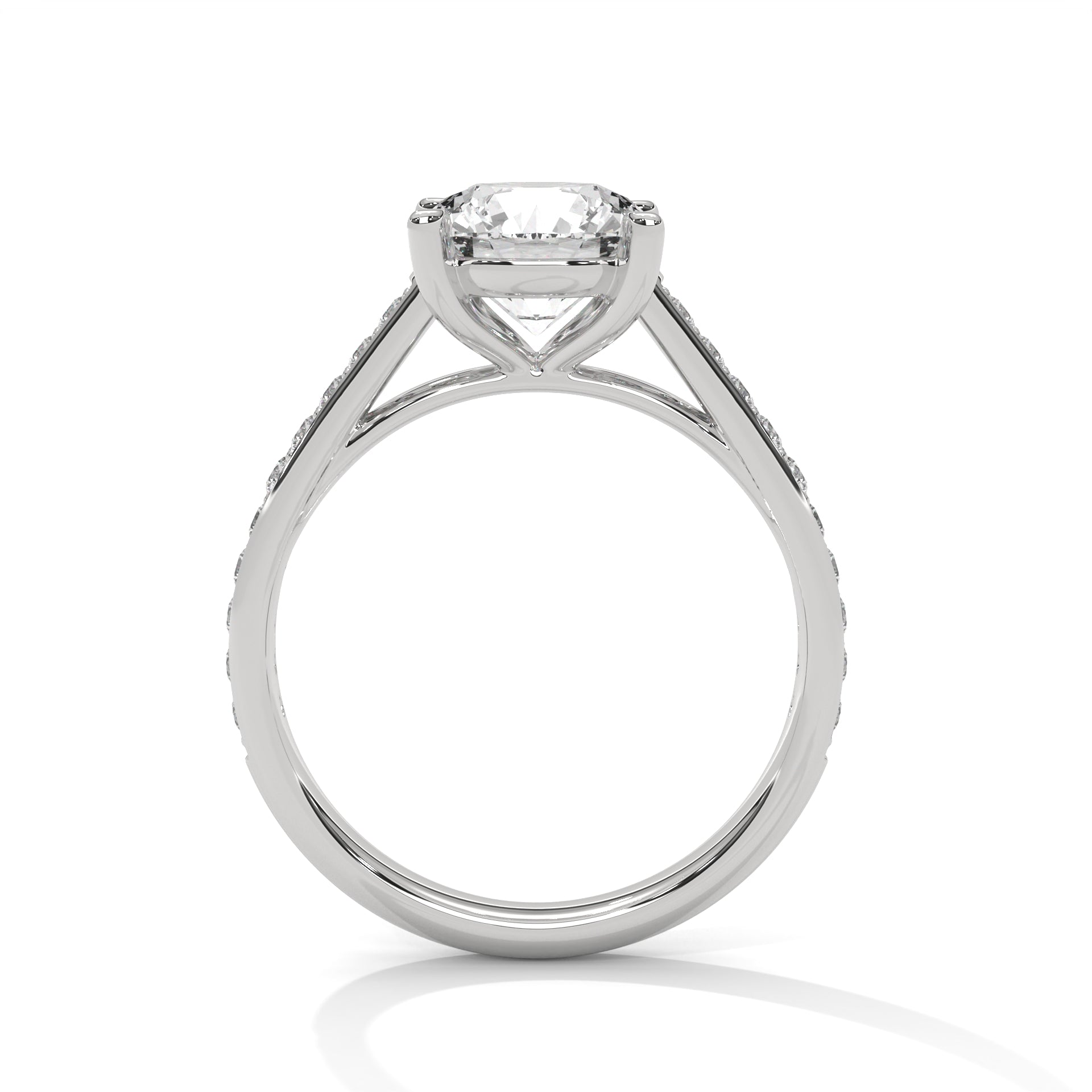 1–3 Carat Round Lab Grown Diamond Solitaire Ring with Pavé Band – Cathedral Four-Prong Setting, 18K Gold