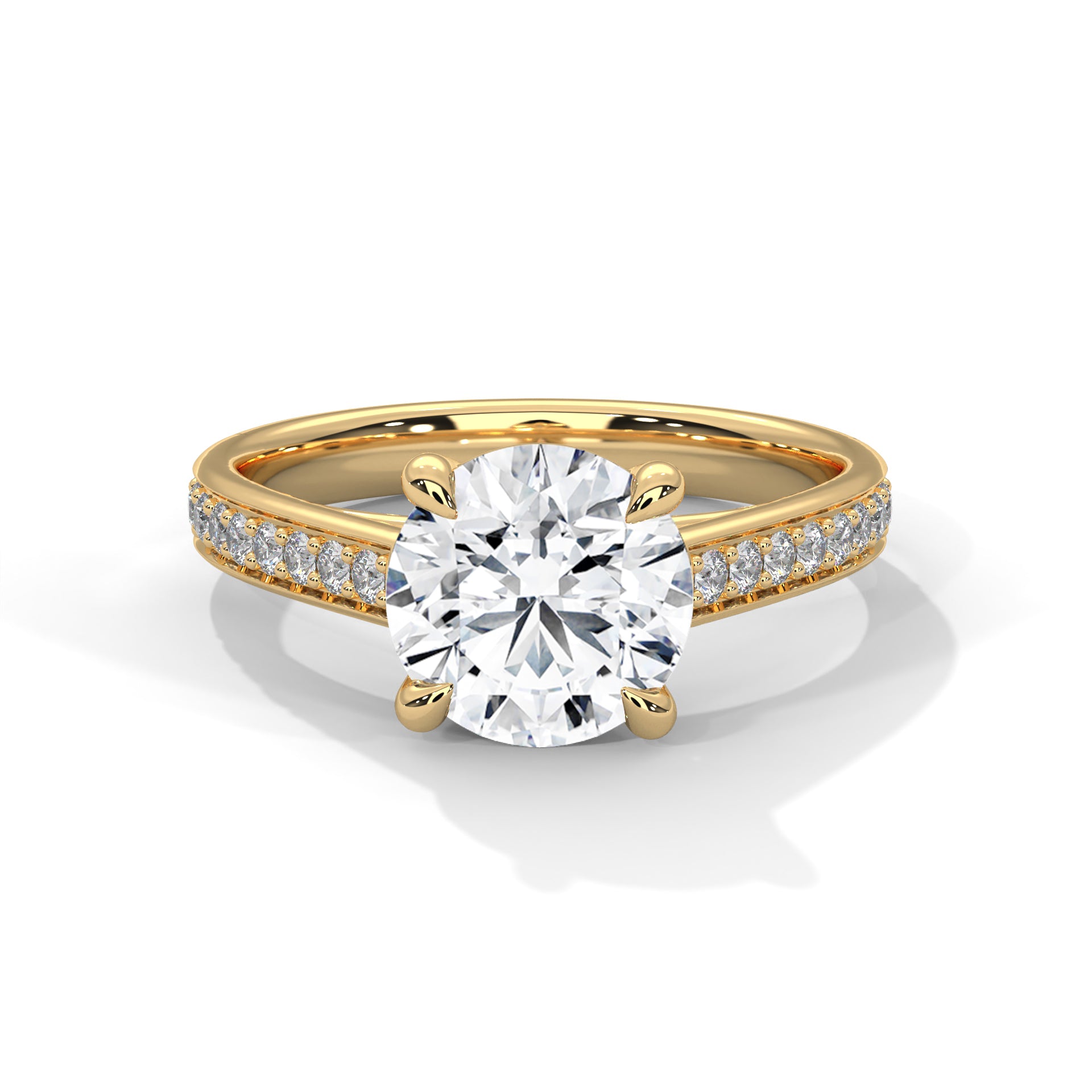 1–3 Carat Round Lab Grown Diamond Solitaire Ring with Pavé Band – Cathedral Four-Prong Setting, 18K Gold