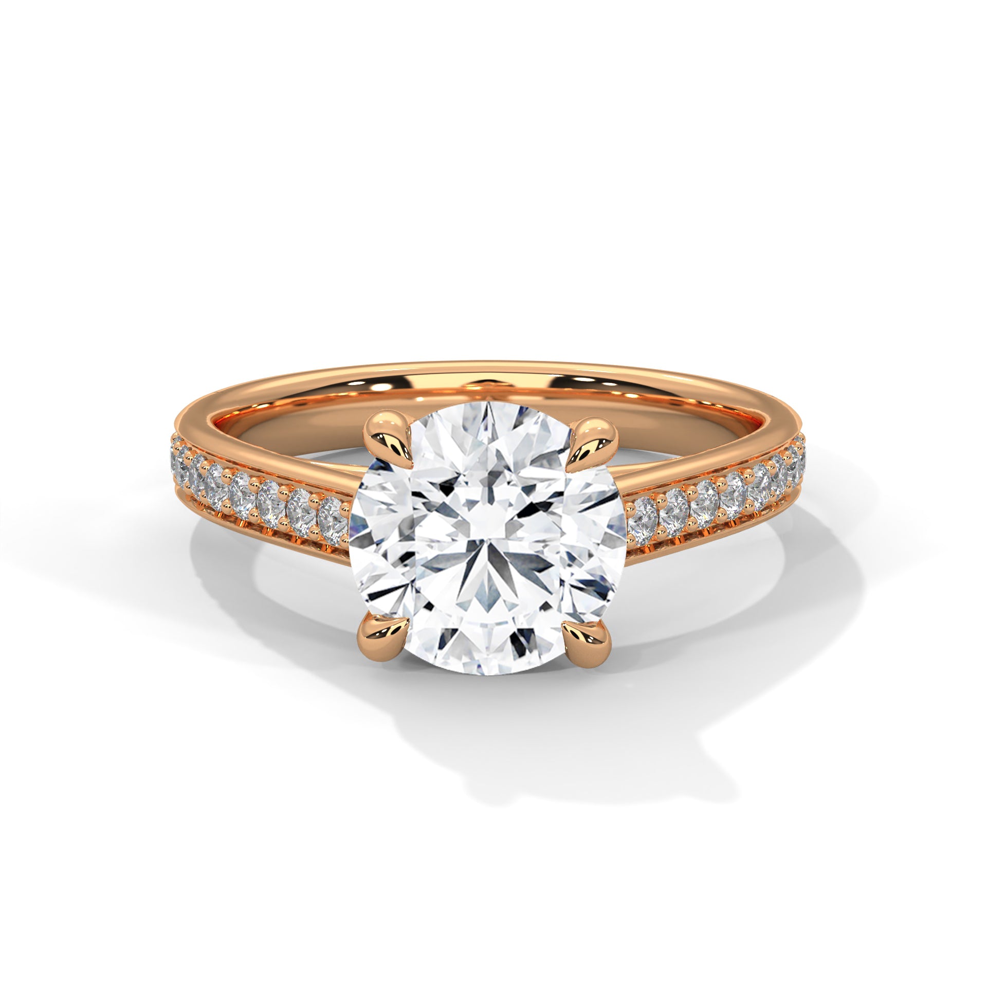 1–3 Carat Round Lab Grown Diamond Solitaire Ring with Pavé Band – Cathedral Four-Prong Setting, 18K Gold