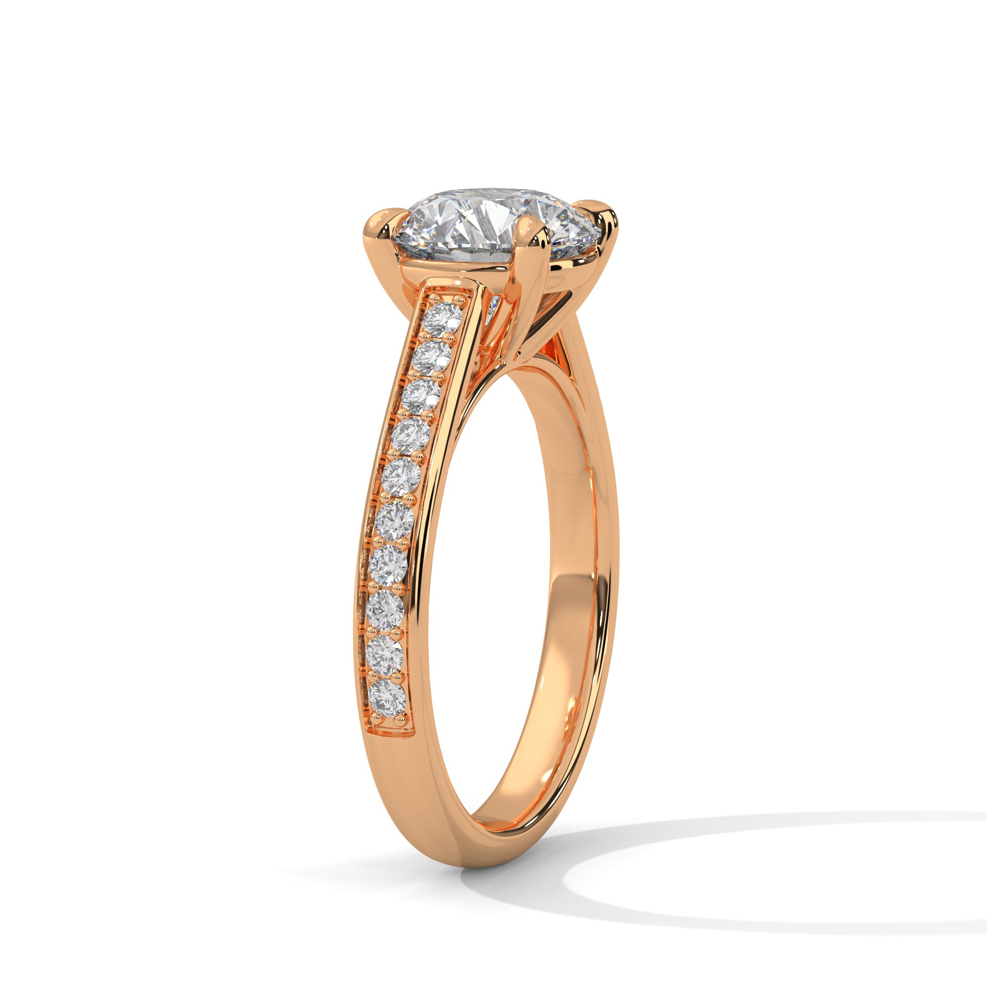 1–3 Carat Round Lab Grown Diamond Solitaire Ring with Pavé Band – Cathedral Four-Prong Setting, 18K Gold
