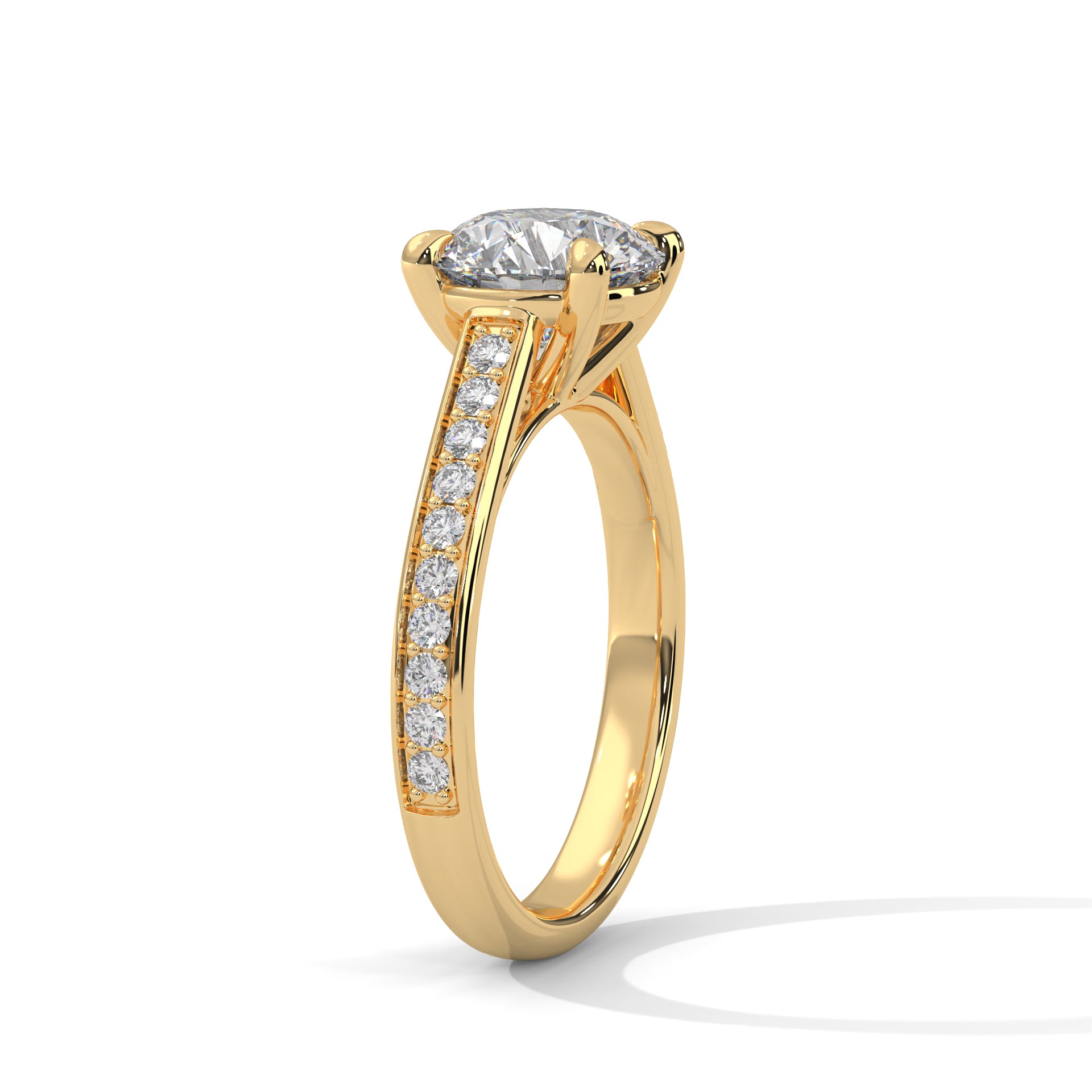 1–3 Carat Round Lab Grown Diamond Solitaire Ring with Pavé Band – Cathedral Four-Prong Setting, 18K Gold
