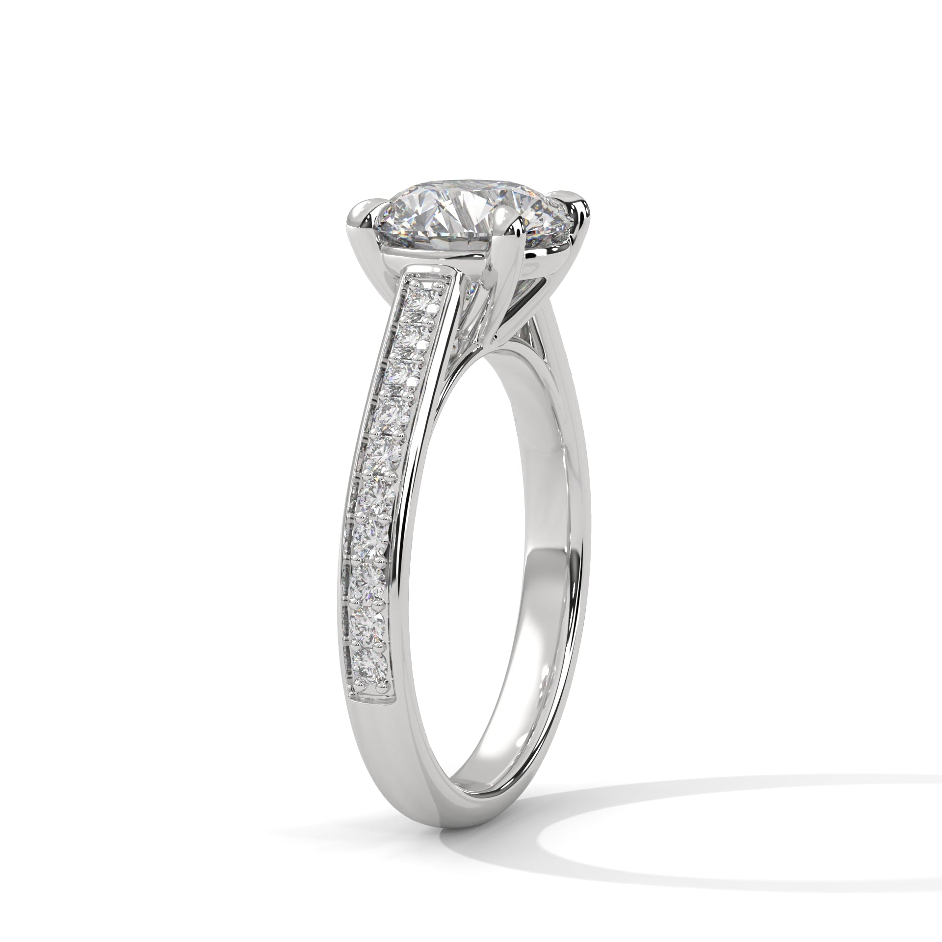 1–3 Carat Round Lab Grown Diamond Solitaire Ring with Pavé Band – Cathedral Four-Prong Setting, 18K Gold