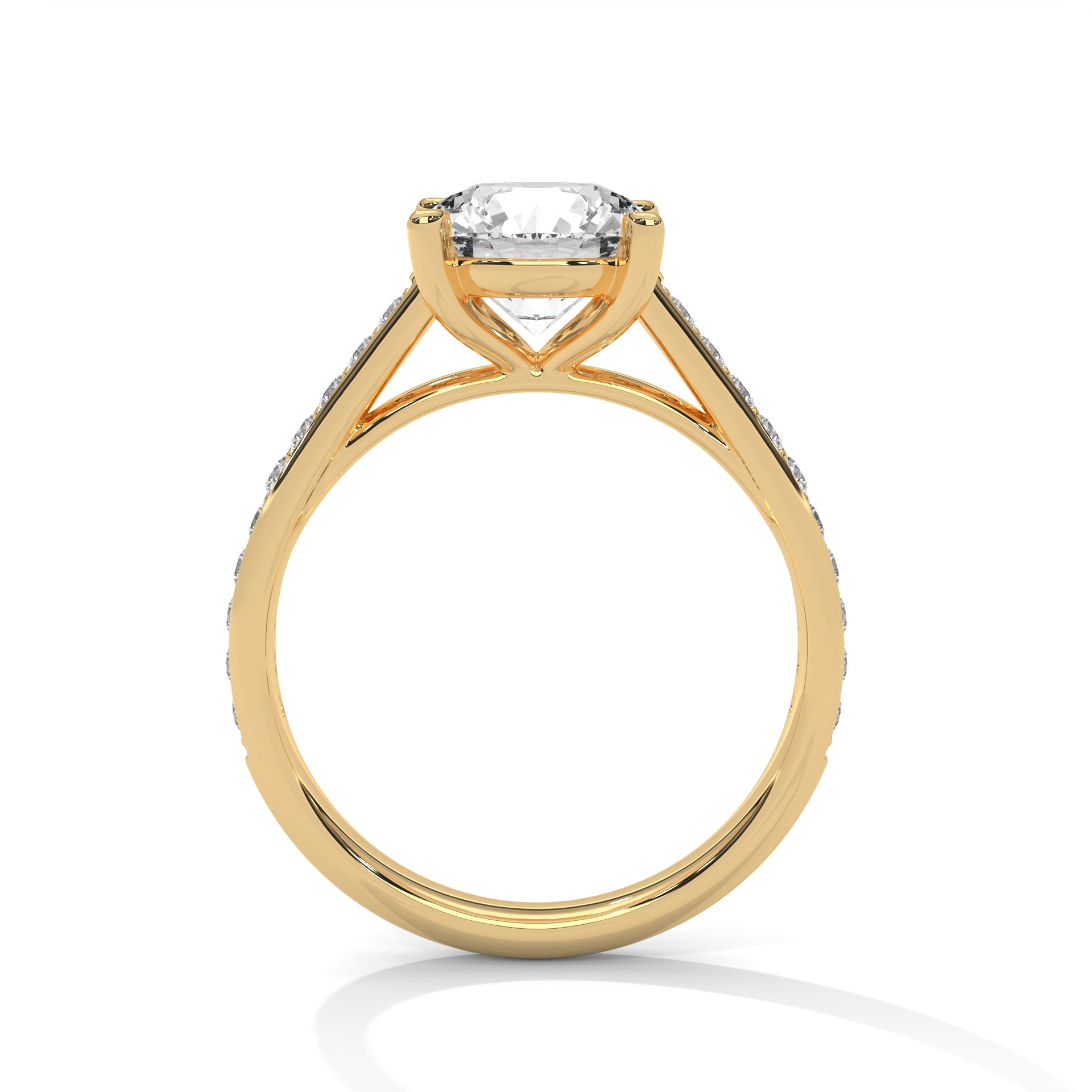1–3 Carat Round Lab Grown Diamond Solitaire Ring with Pavé Band – Cathedral Four-Prong Setting, 18K Gold