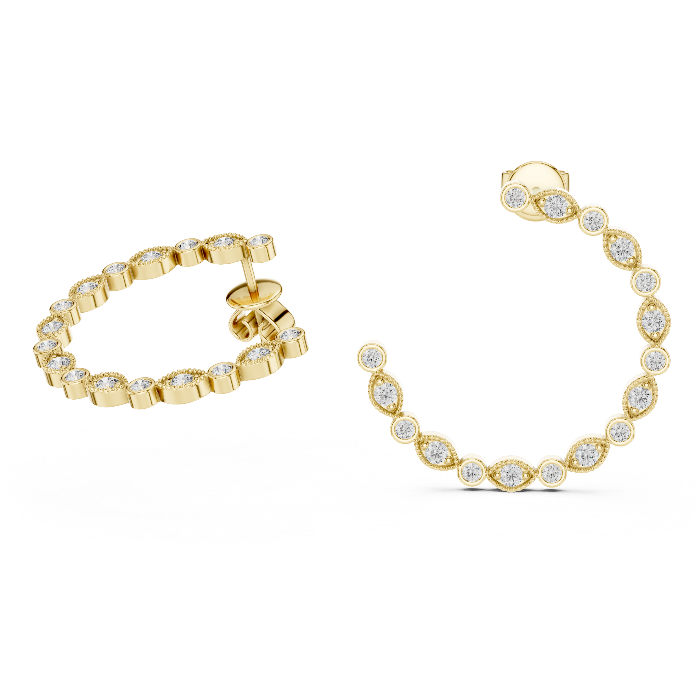 Bezel Set Round Diamond Hoop Earrings in 18K Gold