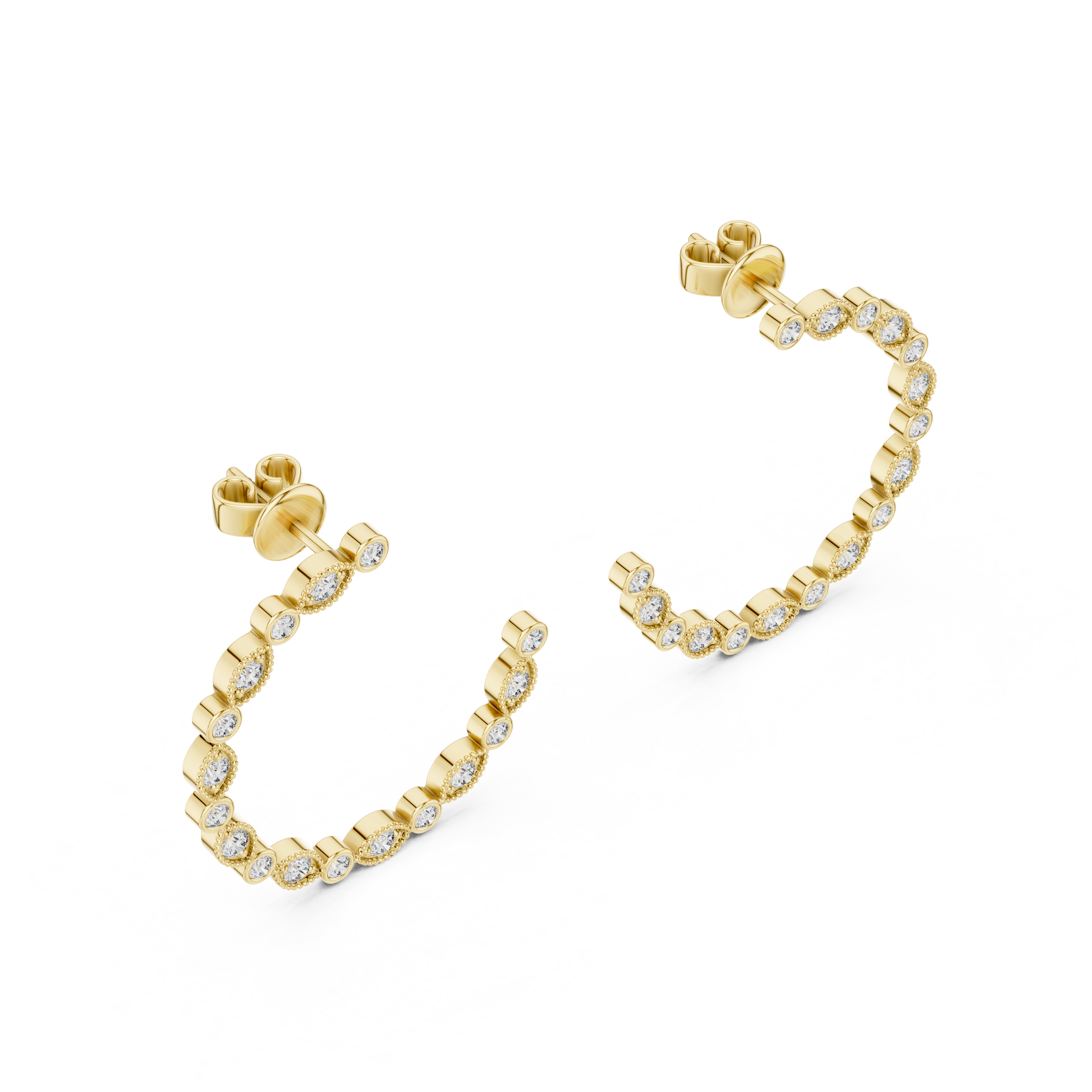 Bezel Set Round Diamond Hoop Earrings in 18K Gold