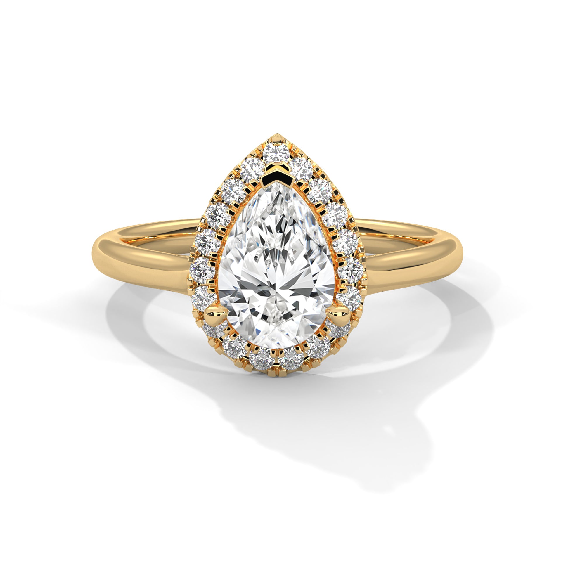 1–3 Carat Pear Lab Grown Solitaire Diamond Halo Ring – Three Prong Setting in 18K Gold