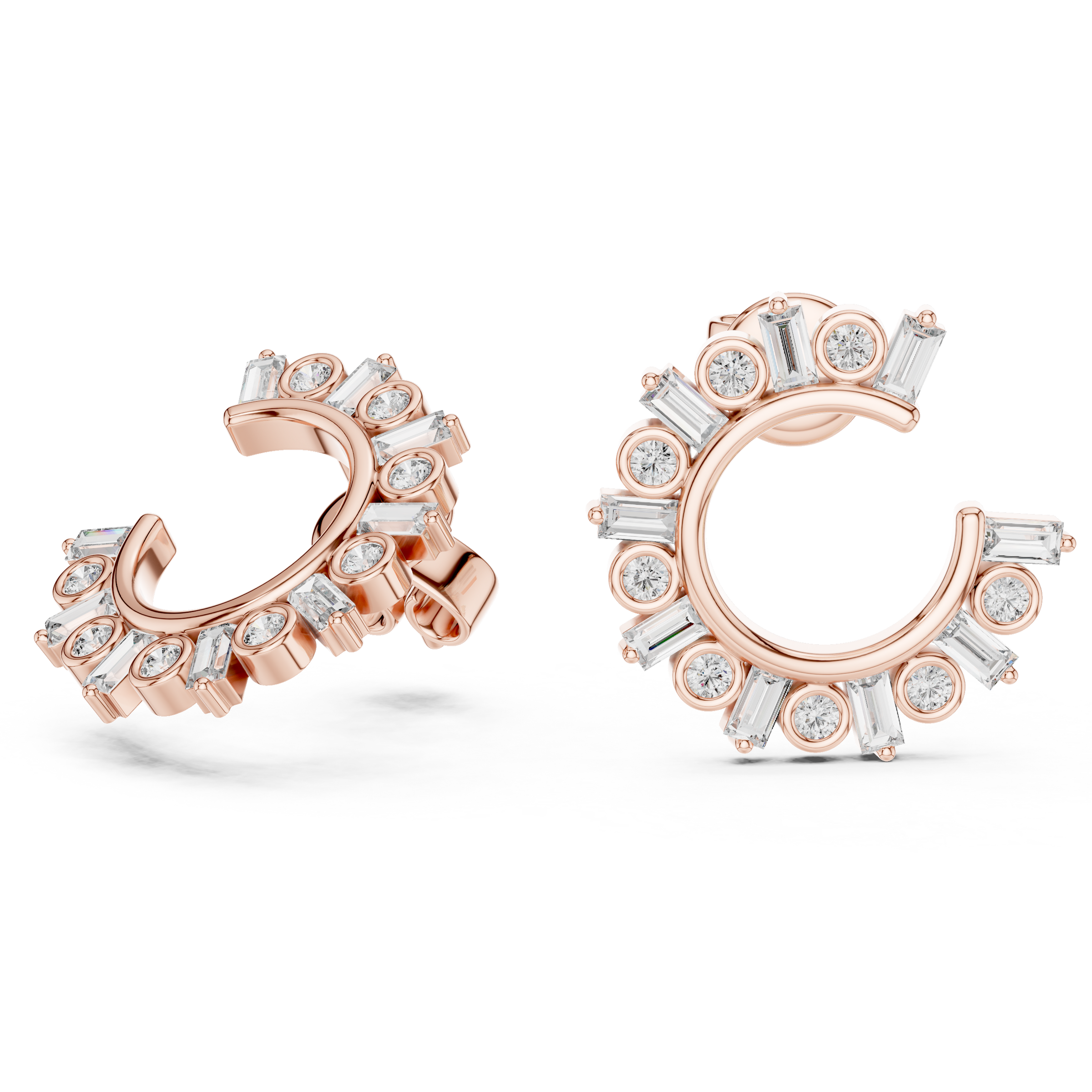 Alternating Round & Baguette Lab-Grown Diamond Front Facing Hoop Earrings in 18K Gold