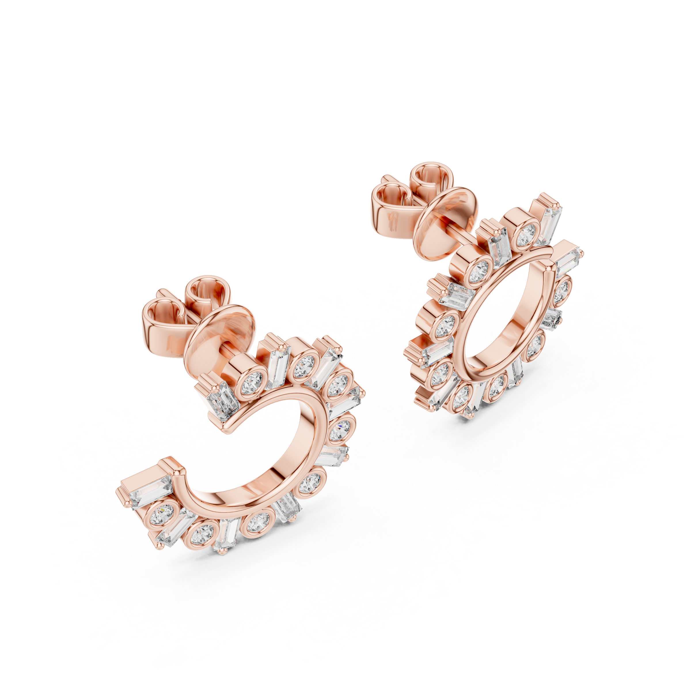 Alternating Round & Baguette Lab-Grown Diamond Front Facing Hoop Earrings in 18K Gold