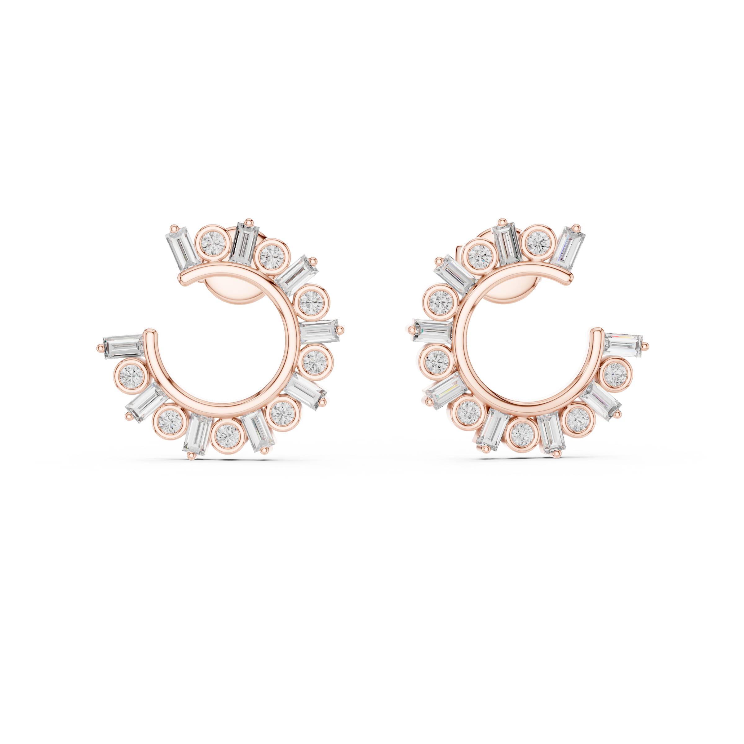 Alternating Round & Baguette Lab-Grown Diamond Front Facing Hoop Earrings in 18K Gold