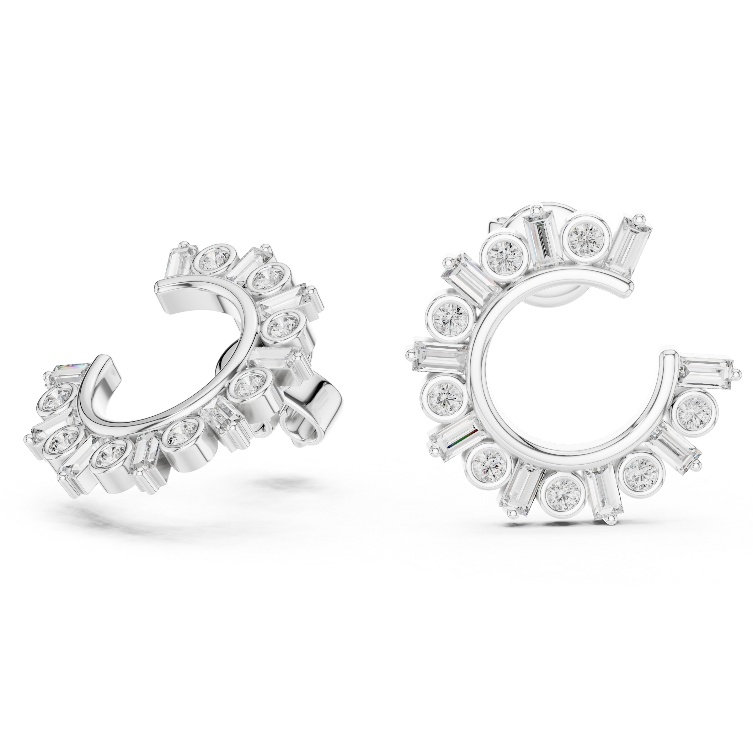Alternating Round & Baguette Lab-Grown Diamond Front Facing Hoop Earrings in 18K Gold