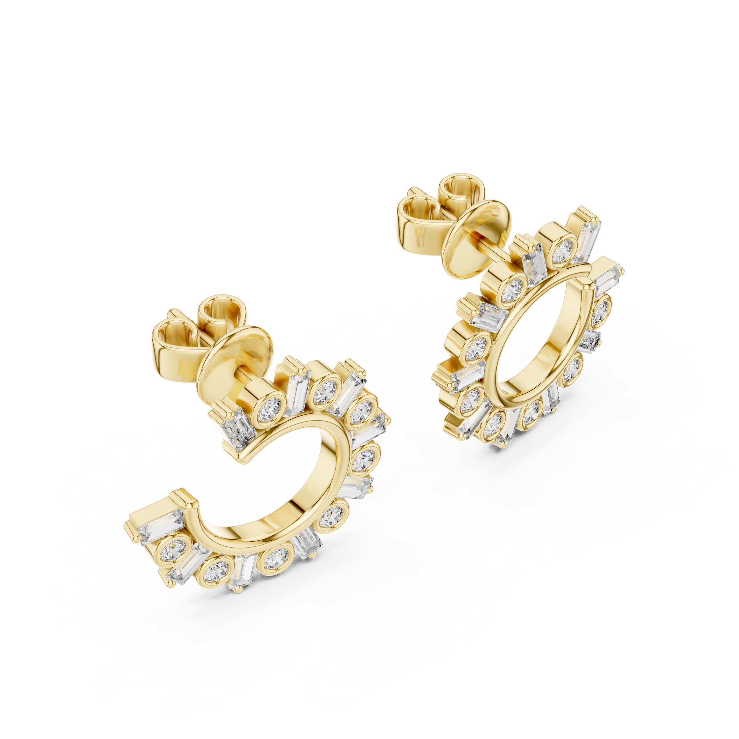 Alternating Round & Baguette Lab-Grown Diamond Front Facing Hoop Earrings in 18K Gold