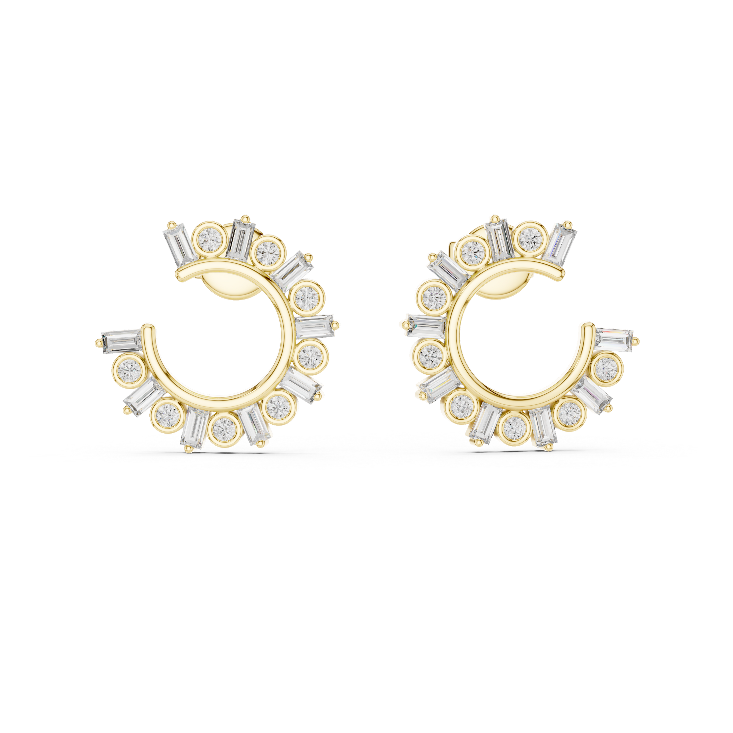 Alternating Round & Baguette Lab-Grown Diamond Front Facing Hoop Earrings in 18K Gold