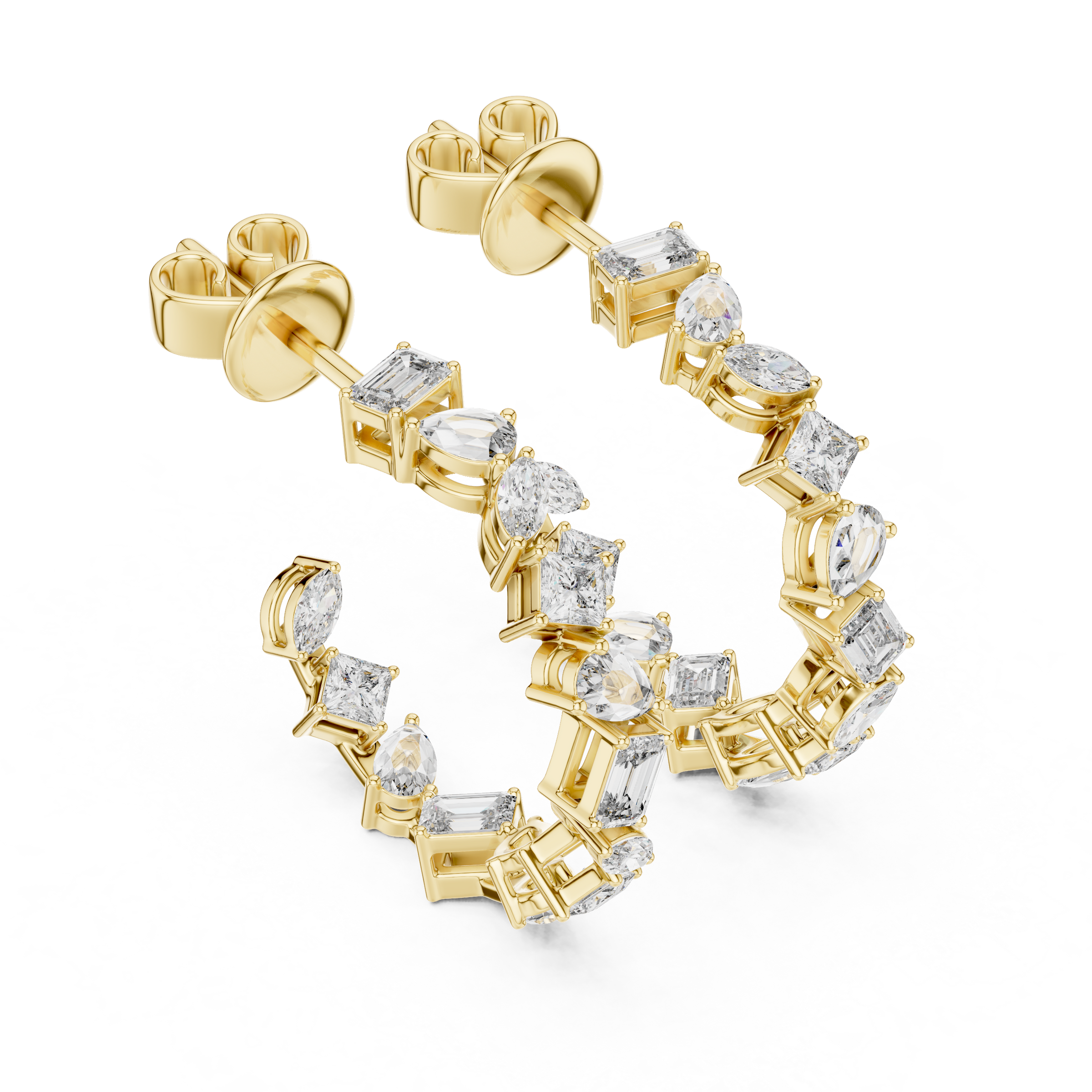 Multi-Shape Inside-Out Lab-Grown Diamond Hoop Earrings in 18K Gold | Marquise, Pear, Princess & Emerald