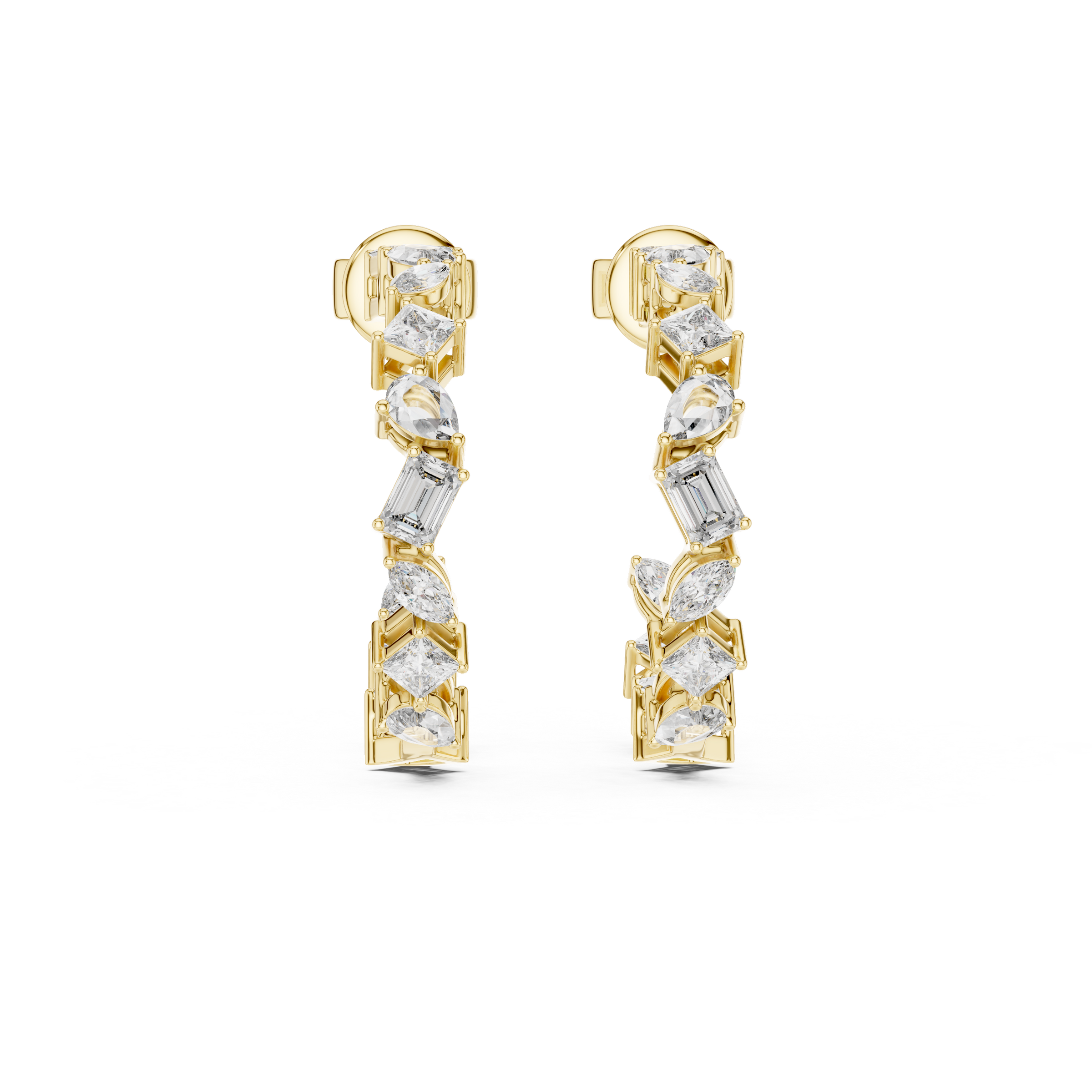 Multi-Shape Inside-Out Lab-Grown Diamond Hoop Earrings in 18K Gold | Marquise, Pear, Princess & Emerald