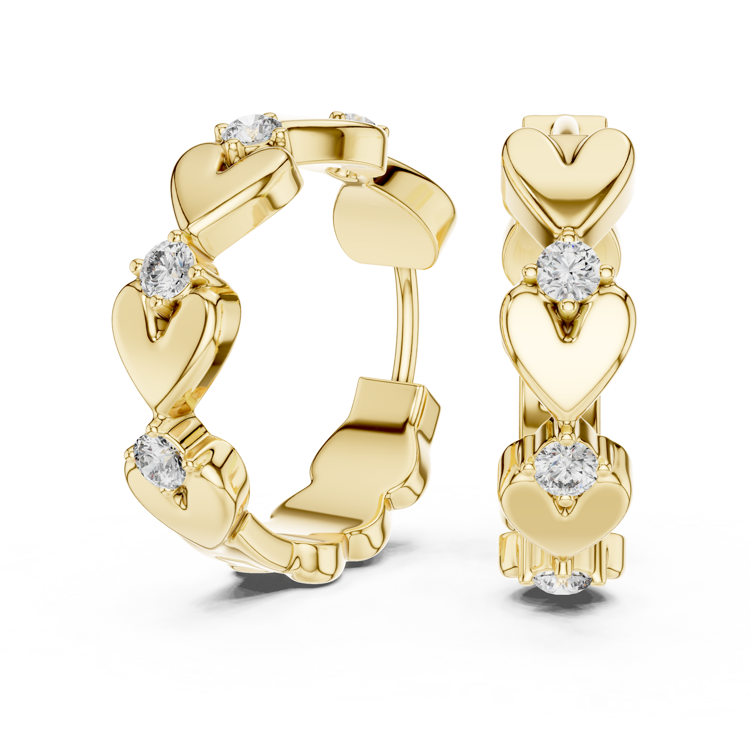 Heart-Shaped Gold Motifs with Round Lab-Grown Diamond Accents | 18K Gold Diamond Hoop Earrings