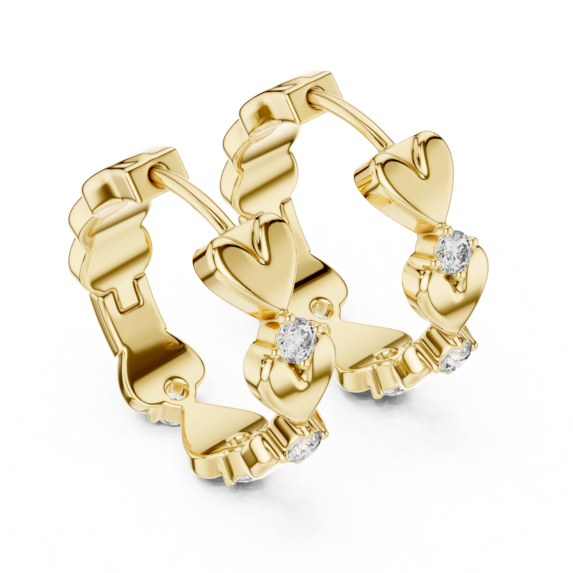 Heart-Shaped Gold Motifs with Round Lab-Grown Diamond Accents | 18K Gold Diamond Hoop Earrings
