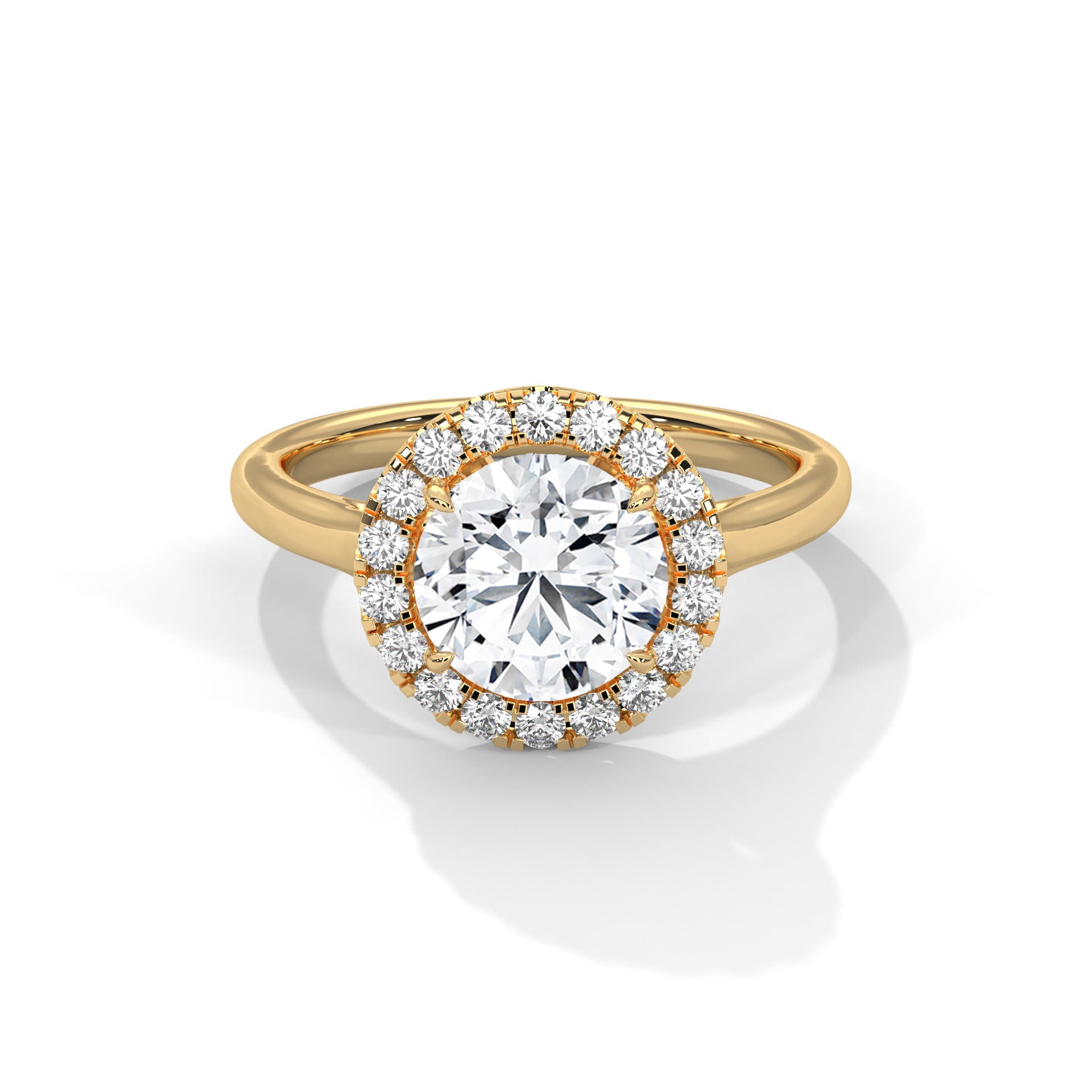 1–3 Carat RoundLab Grown Solitaire Diamond Halo Ring – Four Prong Setting in 18K Gold