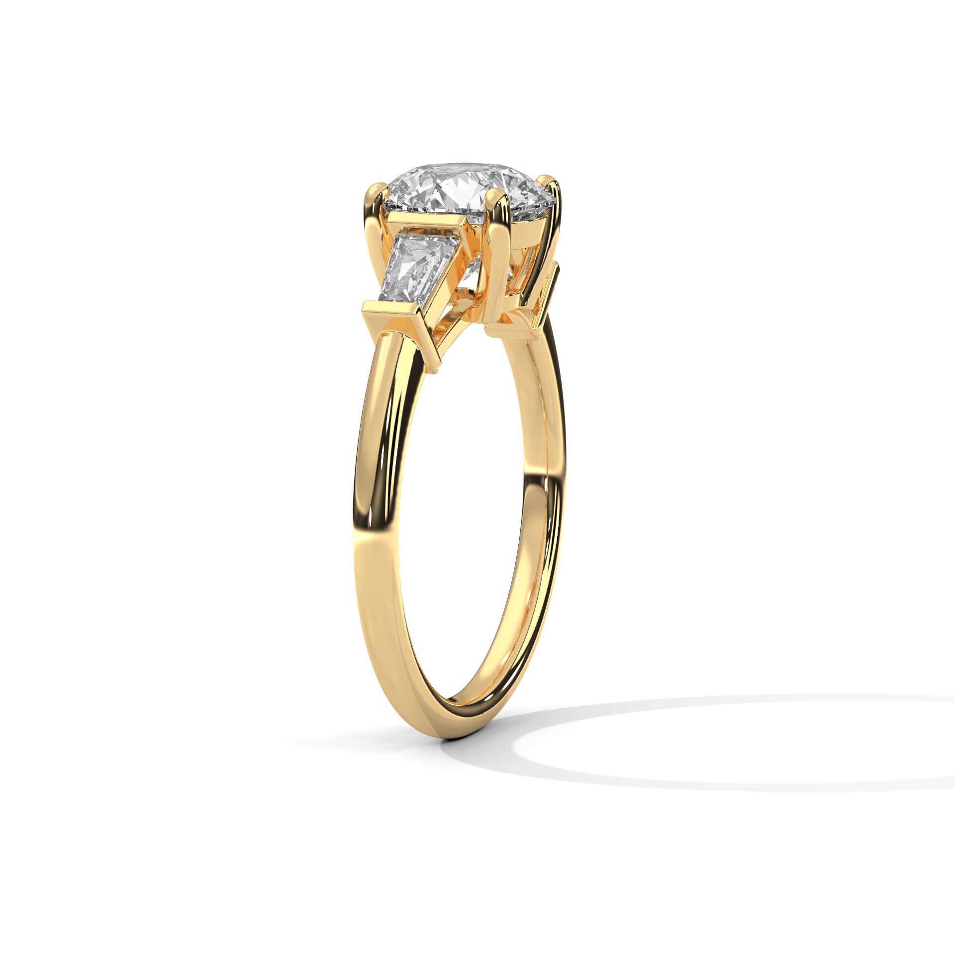 Round Brilliant Cut Diamond Trilogy Engagement Solitaire Ring | 1 to 3 Carat Centre | Tapered Baguette Side Diamonds | 18K Gold