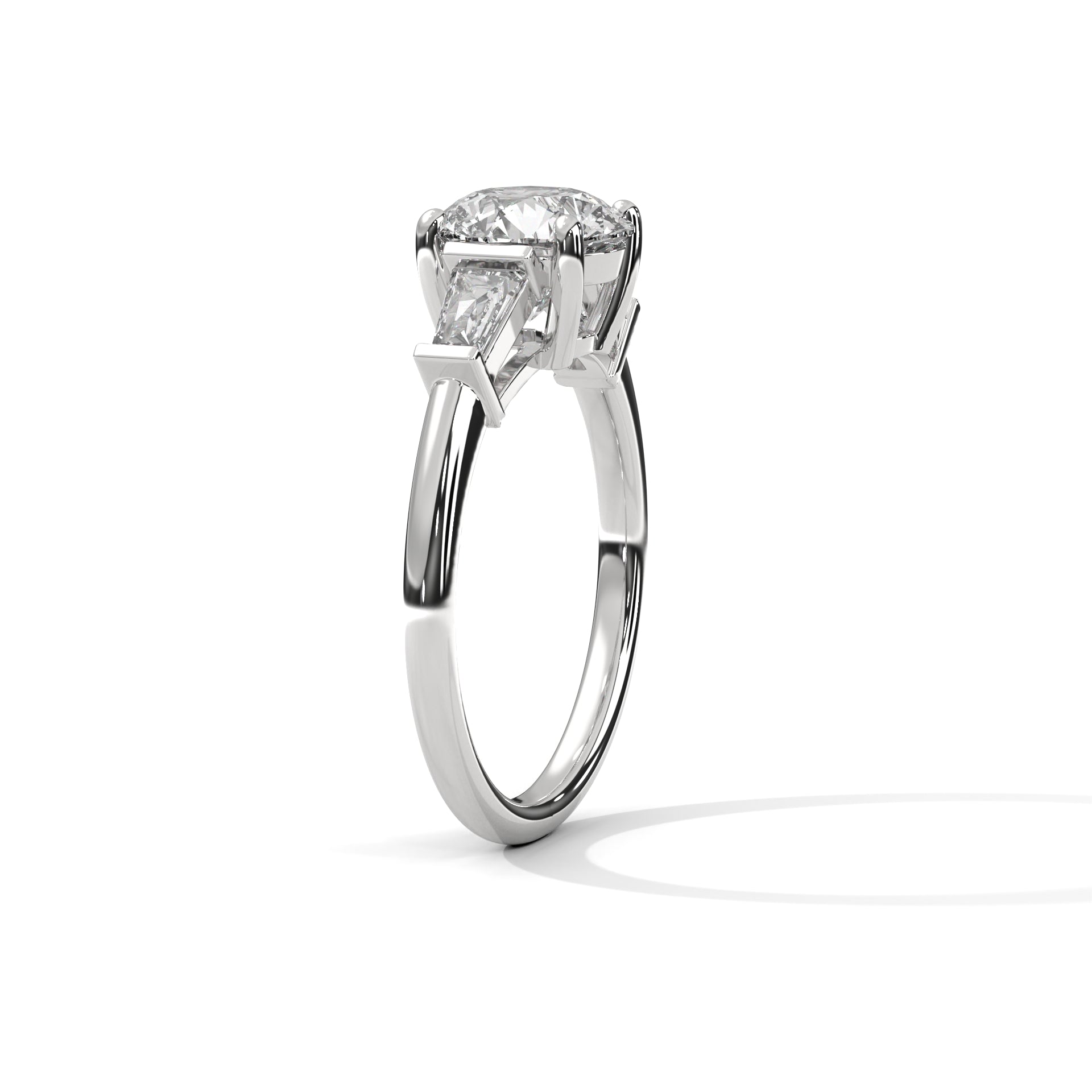 Round Brilliant Cut Diamond Trilogy Engagement Solitaire Ring | 1 to 3 Carat Centre | Tapered Baguette Side Diamonds | 18K Gold