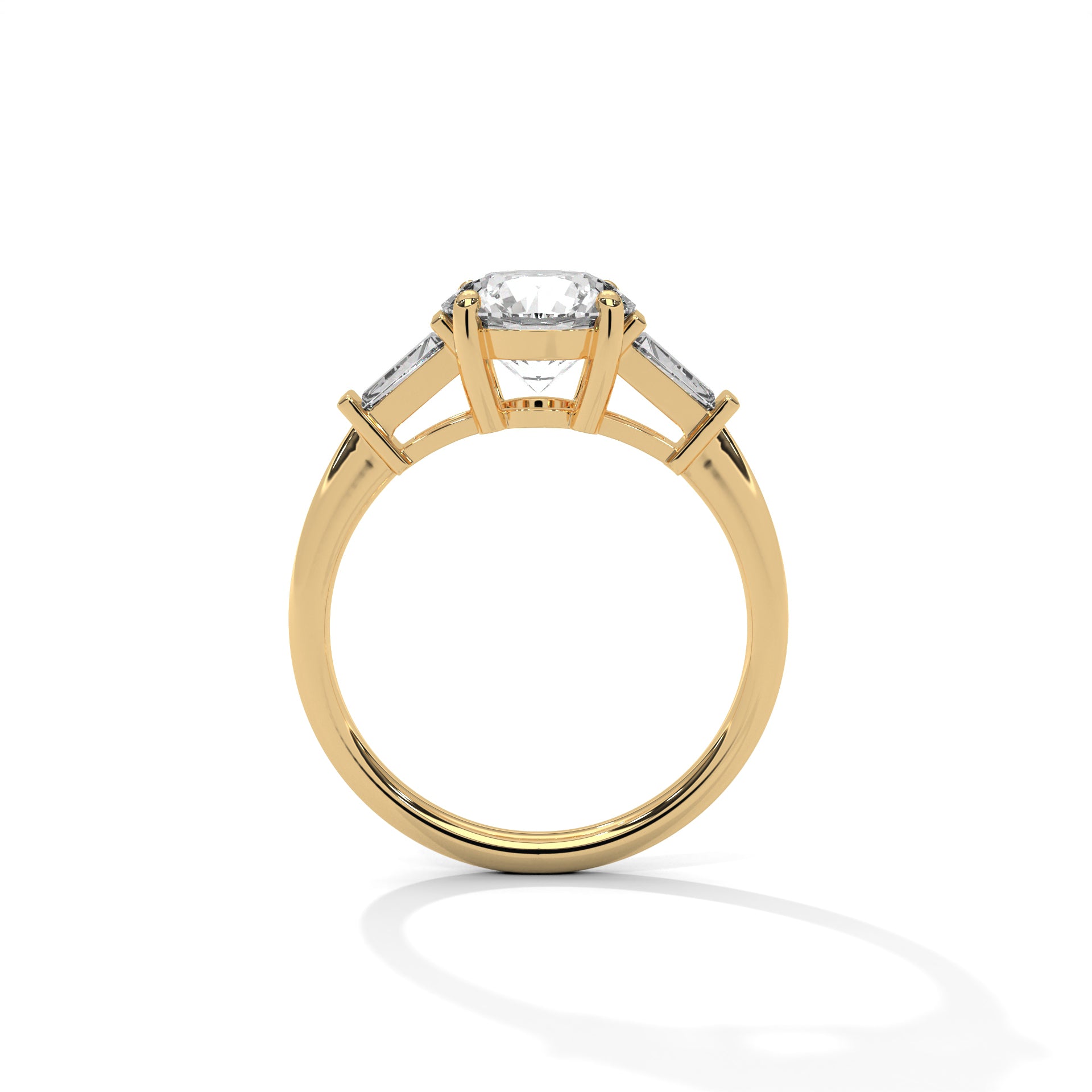 Round Brilliant Cut Diamond Trilogy Engagement Solitaire Ring | 1 to 3 Carat Centre | Tapered Baguette Side Diamonds | 18K Gold