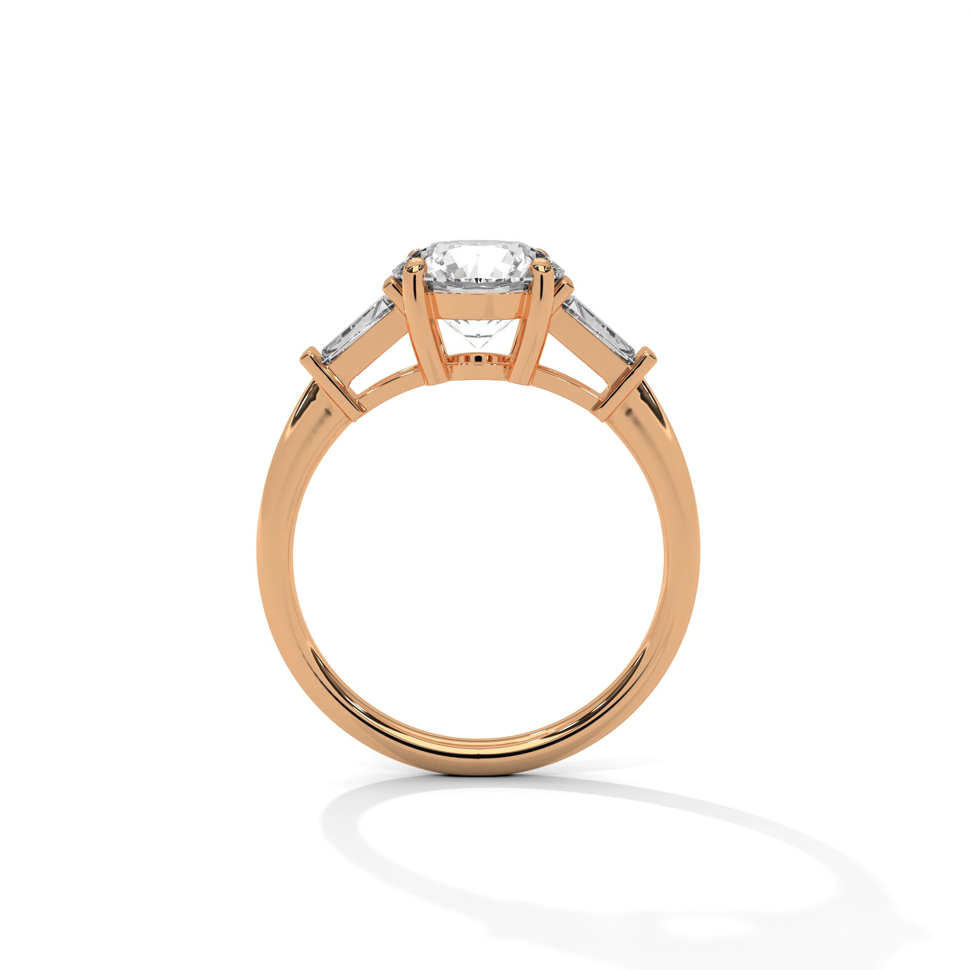 Round Brilliant Cut Diamond Trilogy Engagement Solitaire Ring | 1 to 3 Carat Centre | Tapered Baguette Side Diamonds | 18K Gold