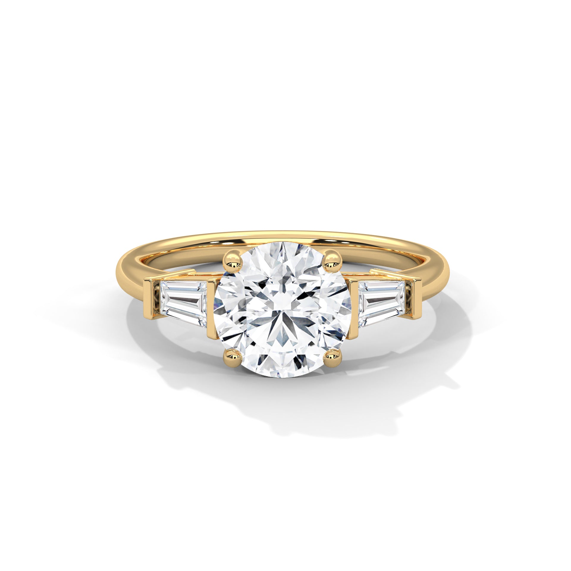 Round Brilliant Cut Diamond Trilogy Engagement Solitaire Ring | 1 to 3 Carat Centre | Tapered Baguette Side Diamonds | 18K Gold