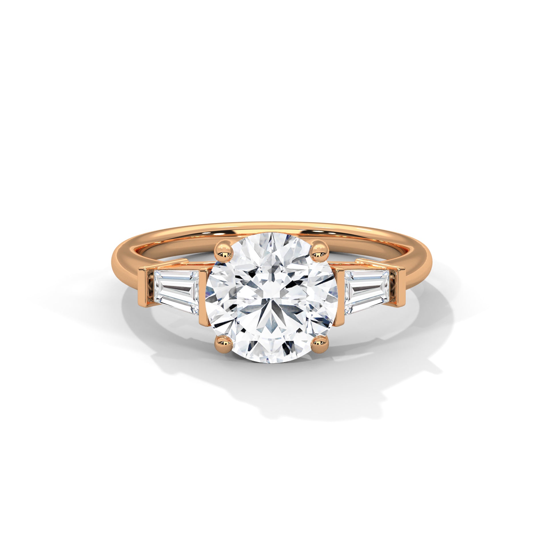 Round Brilliant Cut Diamond Trilogy Engagement Solitaire Ring | 1 to 3 Carat Centre | Tapered Baguette Side Diamonds | 18K Gold