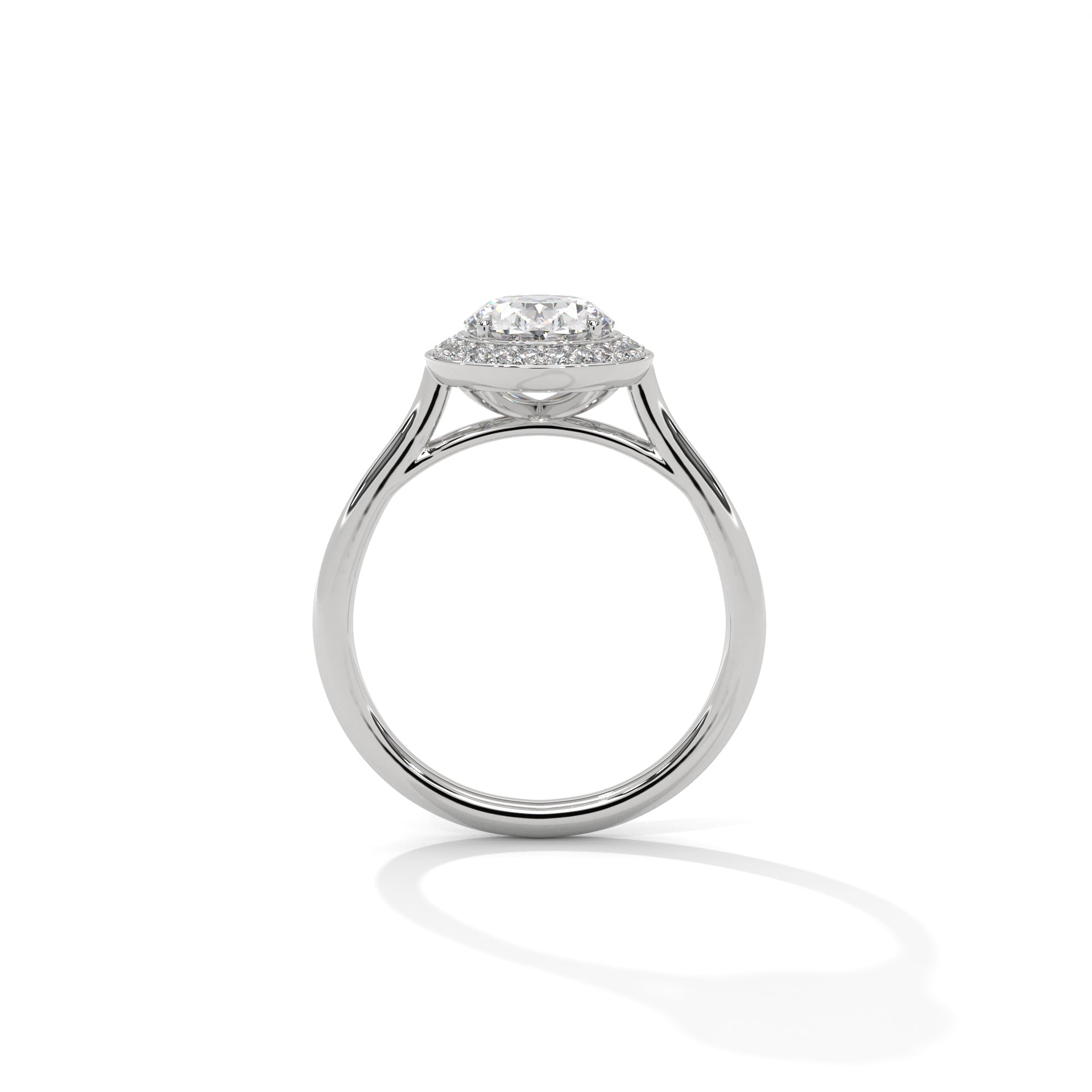 1–3 Carat Oval Lab Grown Diamond Solitaire Ring with Halo – Plain Band, Four Prong Setting in 18K Gold