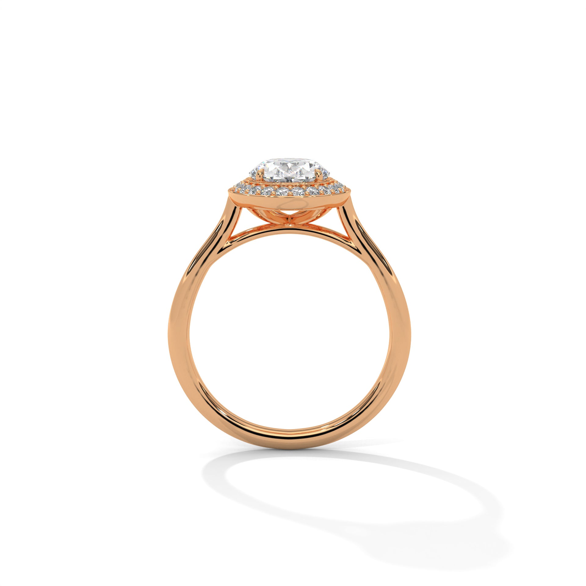 1–3 Carat Oval Lab Grown Diamond Solitaire Ring with Halo – Plain Band, Four Prong Setting in 18K Gold
