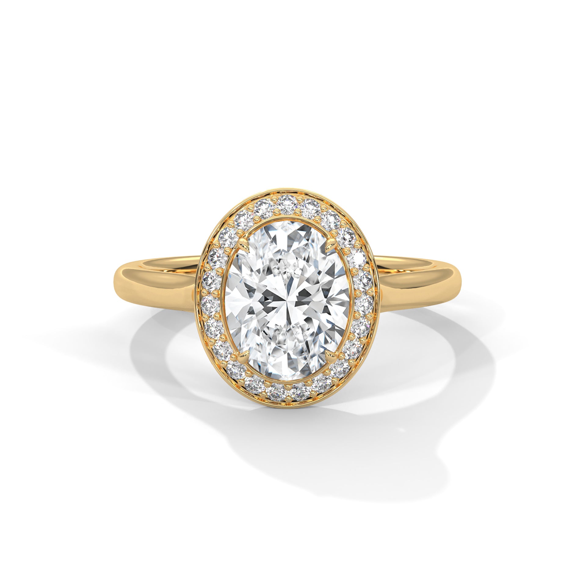 1–3 Carat Oval Lab Grown Diamond Solitaire Ring with Halo – Plain Band, Four Prong Setting in 18K Gold