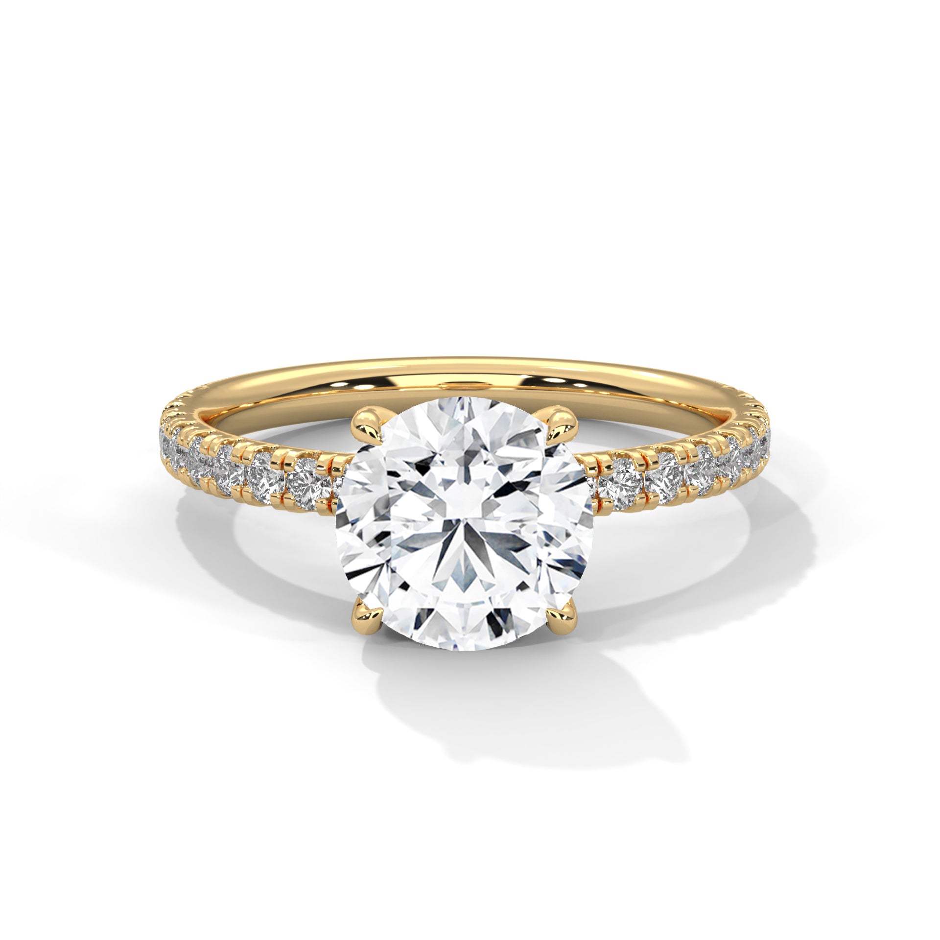 1–3 Carat Round Lab Grown Diamond Solitaire Ring with Hidden Halo & Pavé Band – Four Prong Setting in 18K Gold