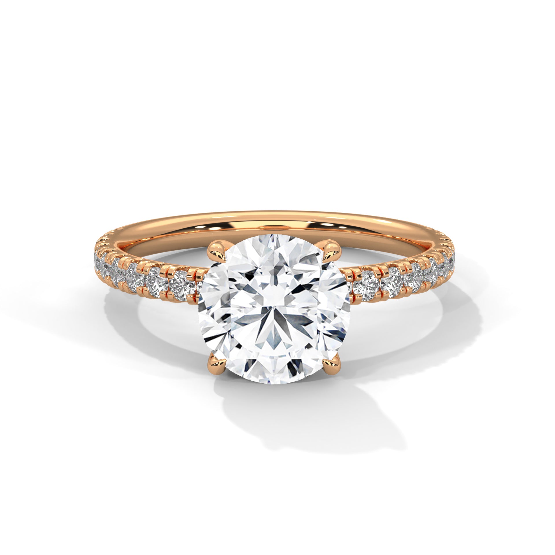1–3 Carat Round Lab Grown Diamond Solitaire Ring with Hidden Halo & Pavé Band – Four Prong Setting in 18K Gold