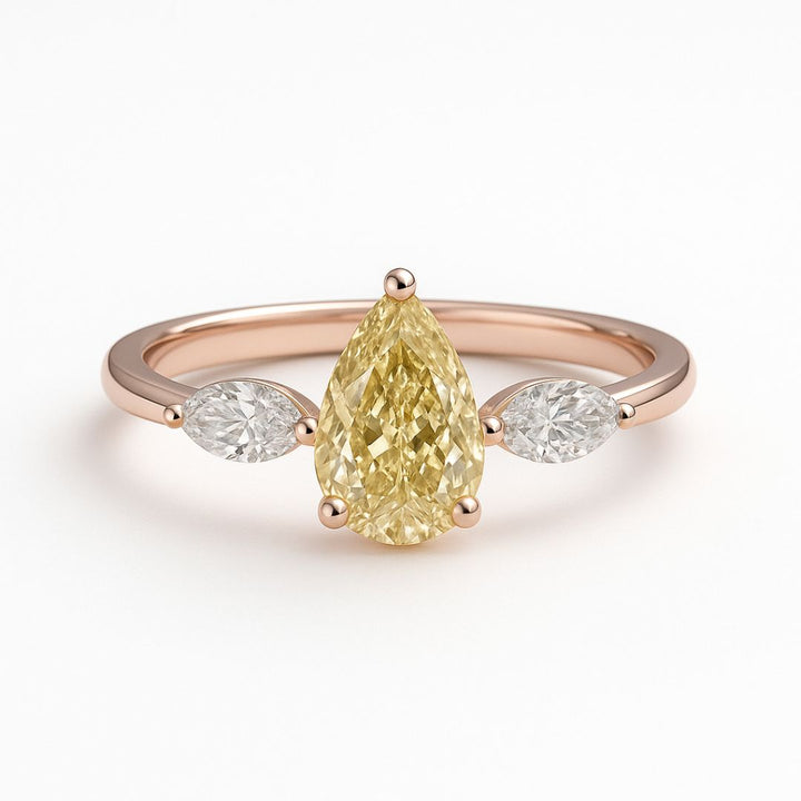 1.50ct Fancy Yellow Lab Grown Diamond Trilogy Ring | Three Stone Pear Solitaire with Marquise Side Diamonds | 18k Gold