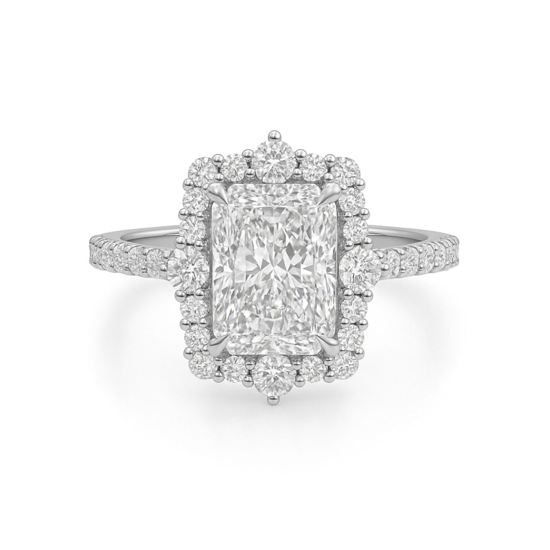 2 Carat Radiant Cut Lab Grown Diamond Engagement Solitaire Ring with Halo & Side Diamonds | 18K Gold