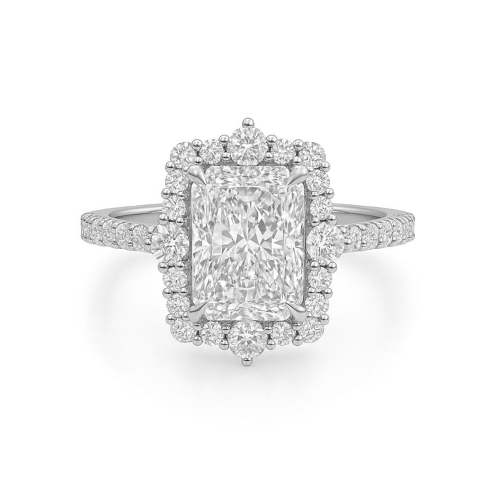 2 Carat Radiant Cut Lab Grown Diamond Engagement Ring with Halo & Side Diamonds | 18K Gold