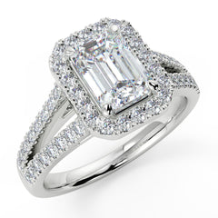 1–2 Carat Emerald Cut Lab Grown Diamond Solitaire Halo Ring | Split Shank Pavé Band | IGI Certified | 18K White Gold