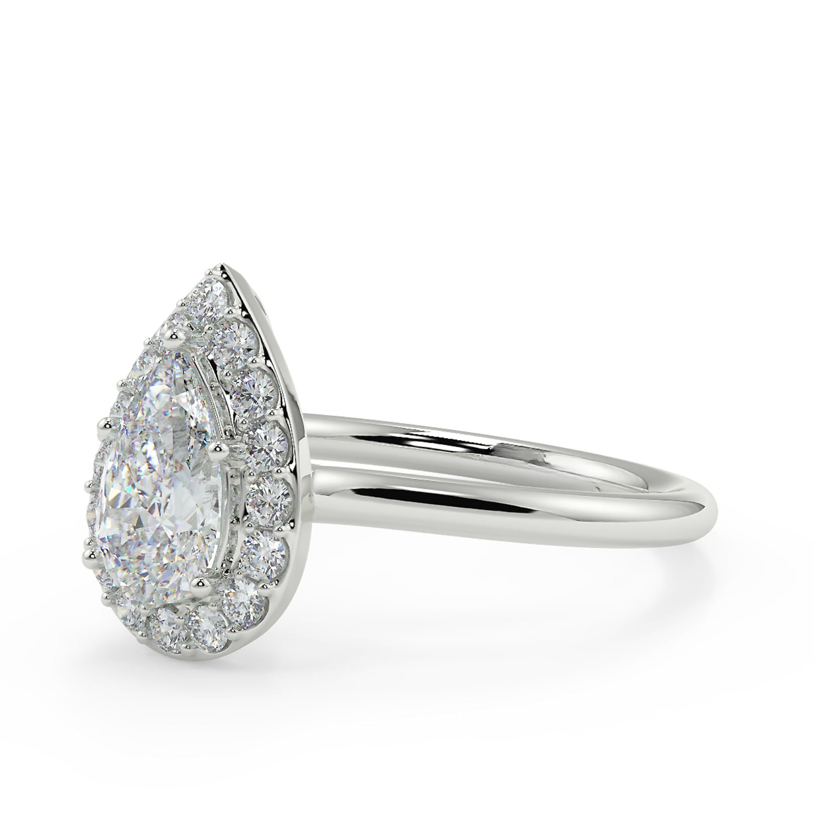 1–2 Carat Pear Cut Lab Grown Solitaire Diamond Halo Ring | Brilliant Teardrop Shape | IGI Certified | 18K White Gold