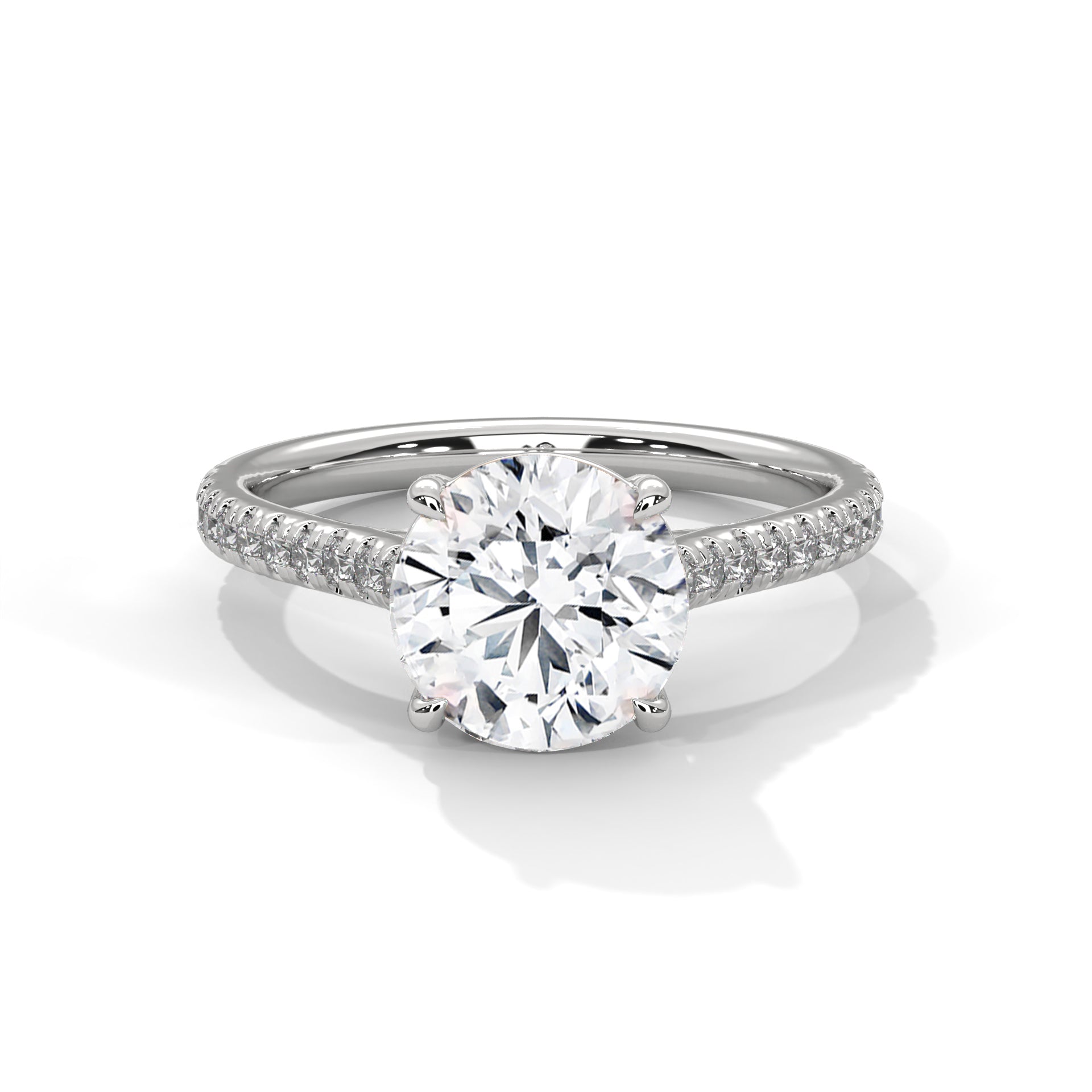 1–3 Carat Round Brilliant Lab Grown Diamond Solitaire Ring with Pavé Band – Four-Prong Setting, 18K Gold