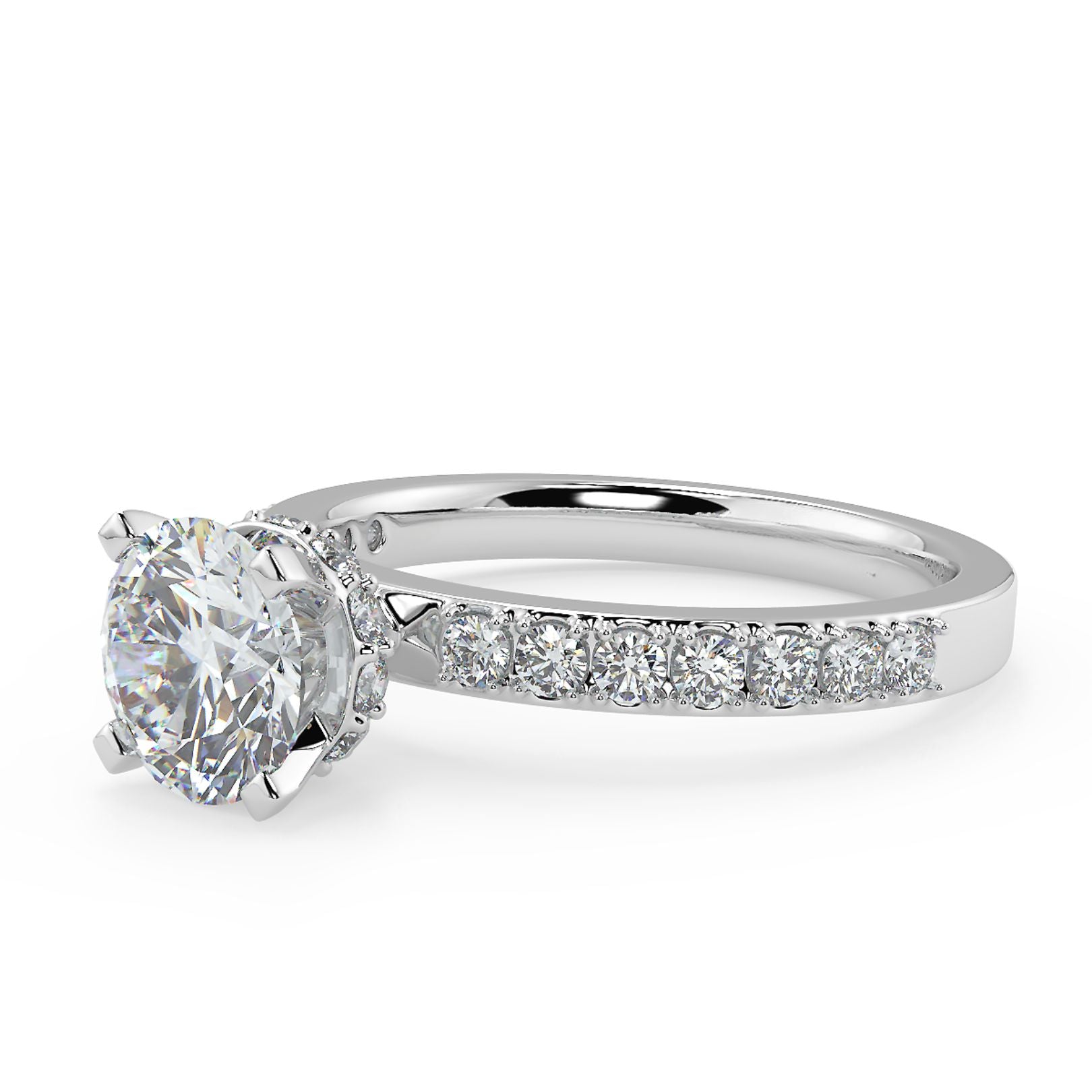 1–2 Carat Round Lab Grown Diamond Solitaire Ring | Pavé Band | IGI Certified | 18K White Gold