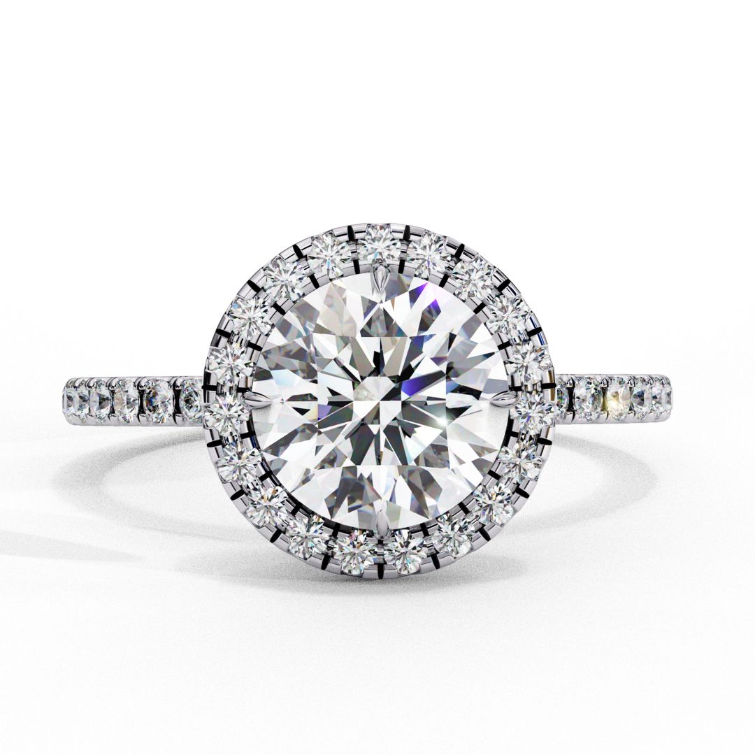1–2 Carat Round Lab Grown Solitaire Diamond Halo Ring in 18K Gold | Pavé Band Engagement Ring