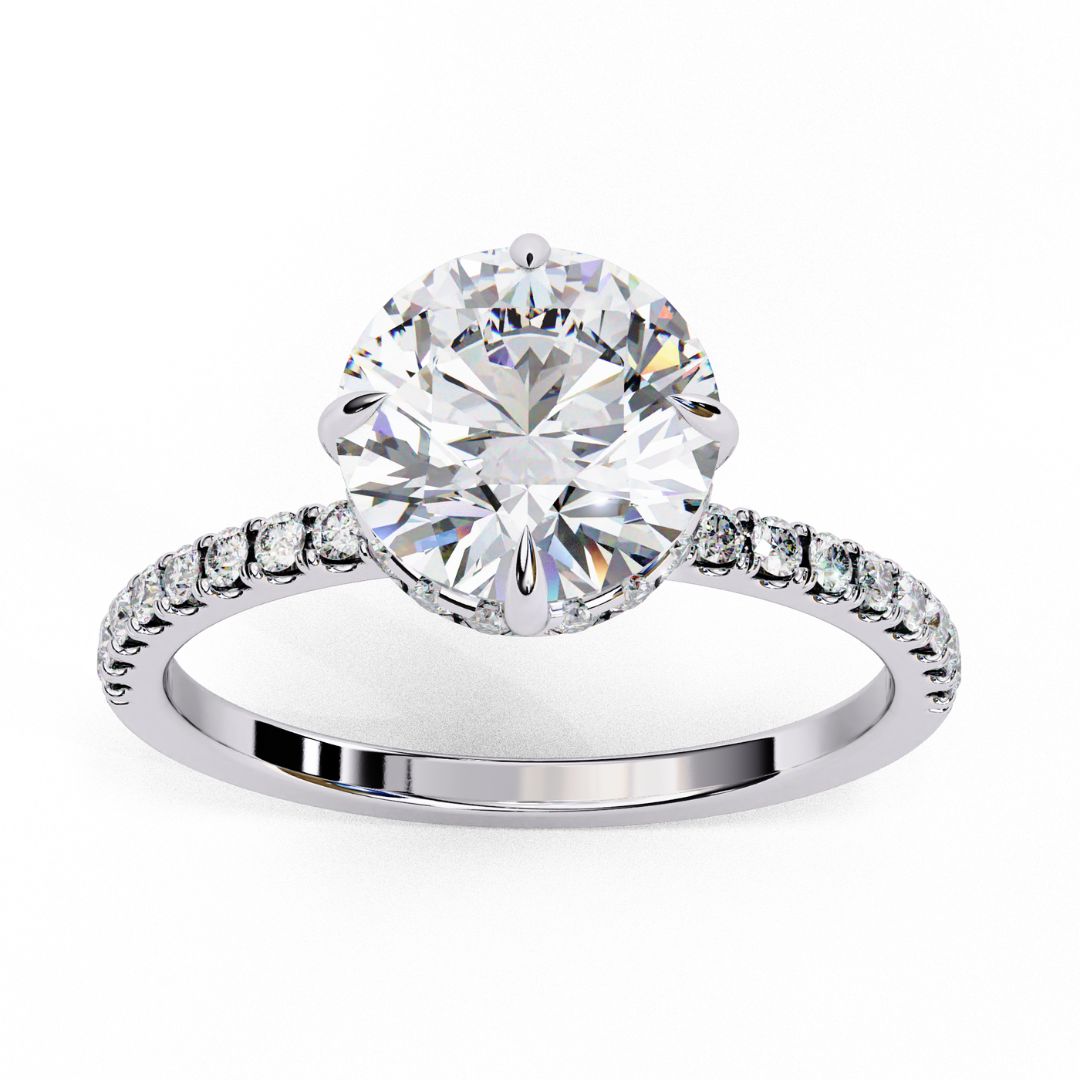 1–5 Carat Round Lab Grown Diamond Solitaire Ring with Hidden Halo in 18K Gold | Pavé Band Solitaire
