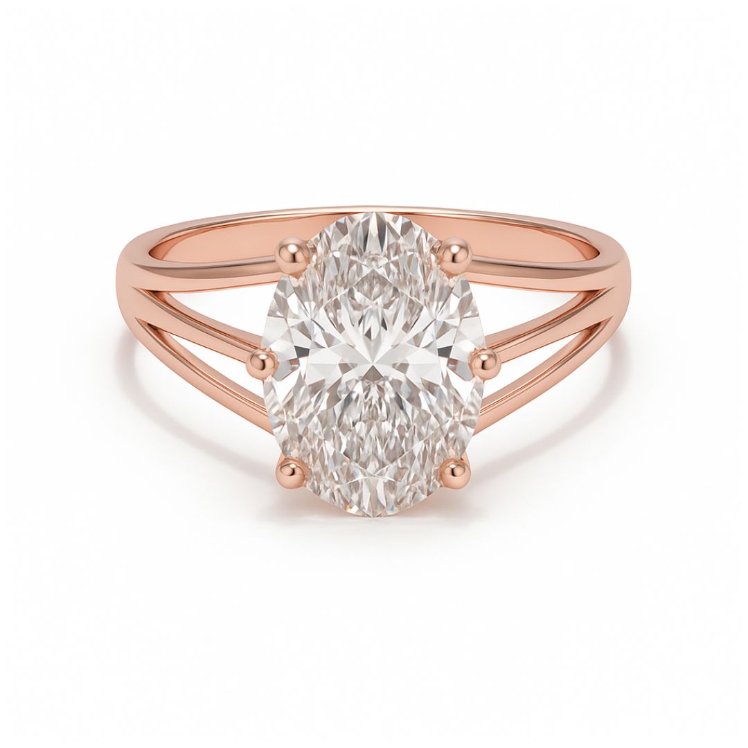2-carat oval lab-grown diamond ring with a three split band/shank