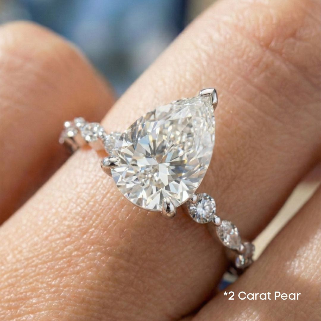 2-5 Carat Pear Lab Grown Diamond Solitaire Ring | Marquise & Round Side Stones | 18K White, Yellow & Rose Gold | IGI Certified