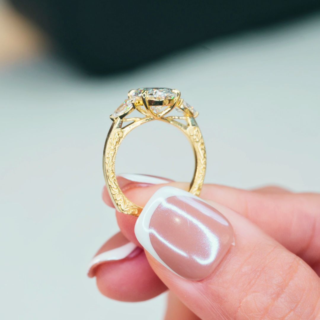 Yara - 3 Carat Oval Lab-Grown Diamond Trilogy Vintage Ring with Pear Side Diamonds – 18K Gold