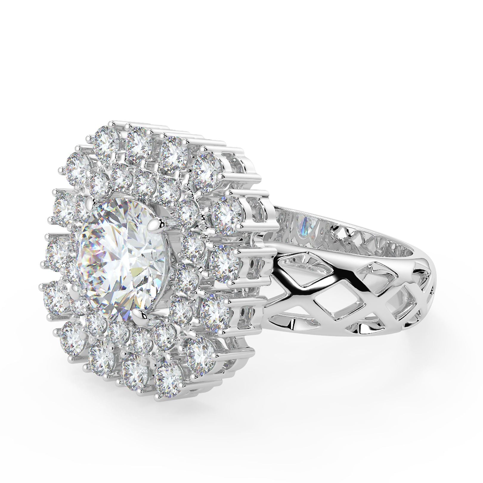 1 Carat Round Lab Grown Diamond Grand Halo Ring | Multi-Layer Pavé | IGI Certified | 18K White, Yellow & Rose Gold