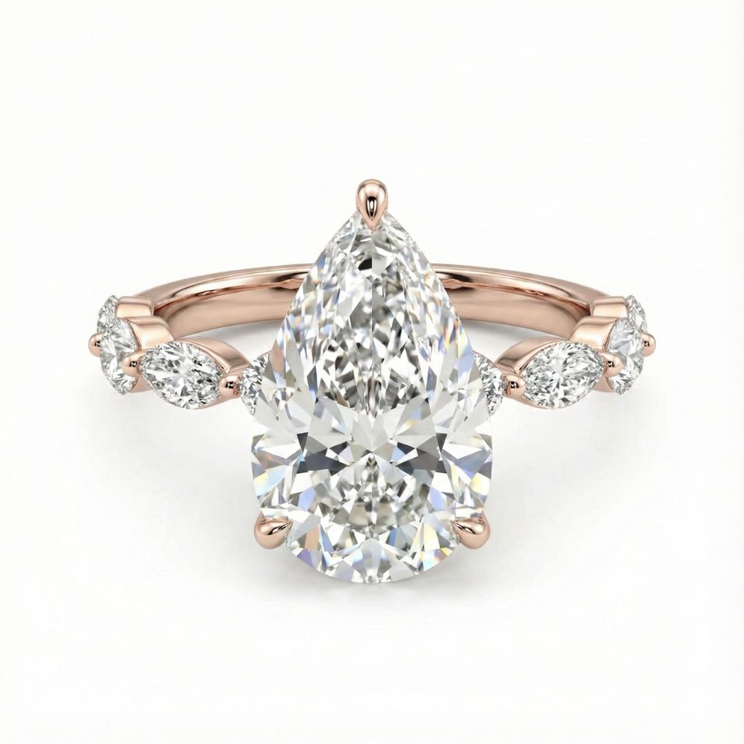 2-5 Carat Pear Lab Grown Diamond Solitaire Ring | Marquise & Round Side Stones | 18K White, Yellow & Rose Gold | IGI Certified
