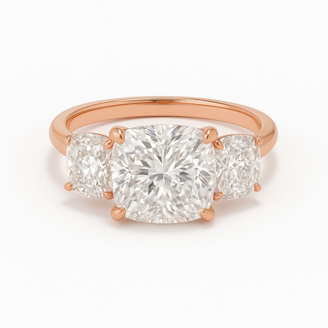 3.00ct Cushion Cut Solitaire Lab Grown Diamond Ring with 2.00ct Cushion Side Stones – Three Stone Engagement Ring