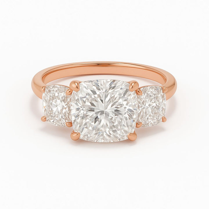 3.00ct Cushion Cut Solitaire Lab Grown Diamond Ring with 2.00ct Cushion Side Stones – Three Stone Engagement Ring
